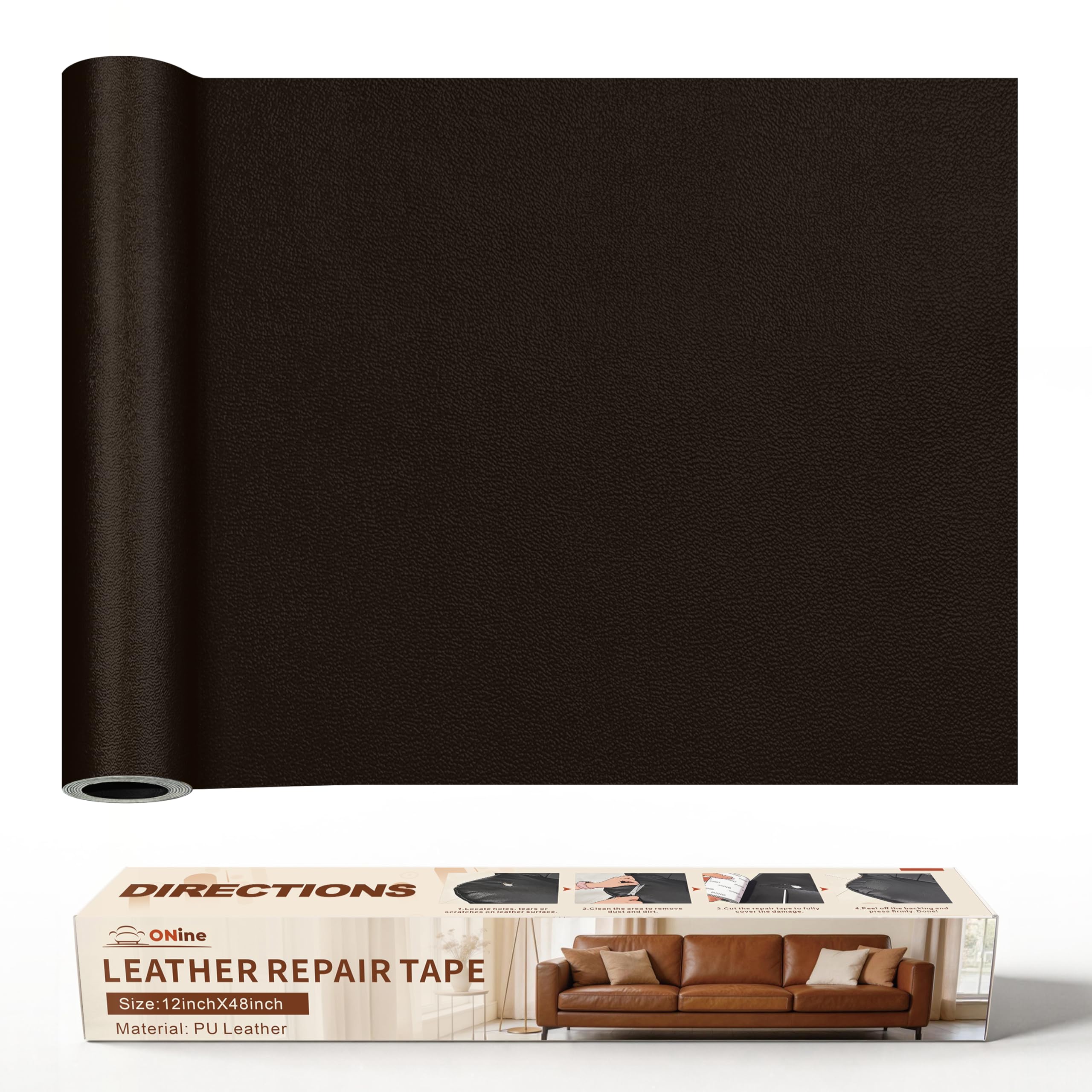 ONine Leather Repair Patch，Leather Repair Tape, 12 x 48 inches Leather Repair Patch for Furniture,Vinyl Repair Kit，Leather Couch Patch，for Sofas, Furniture, Car Seats(Dark Brown-Fine Grain)