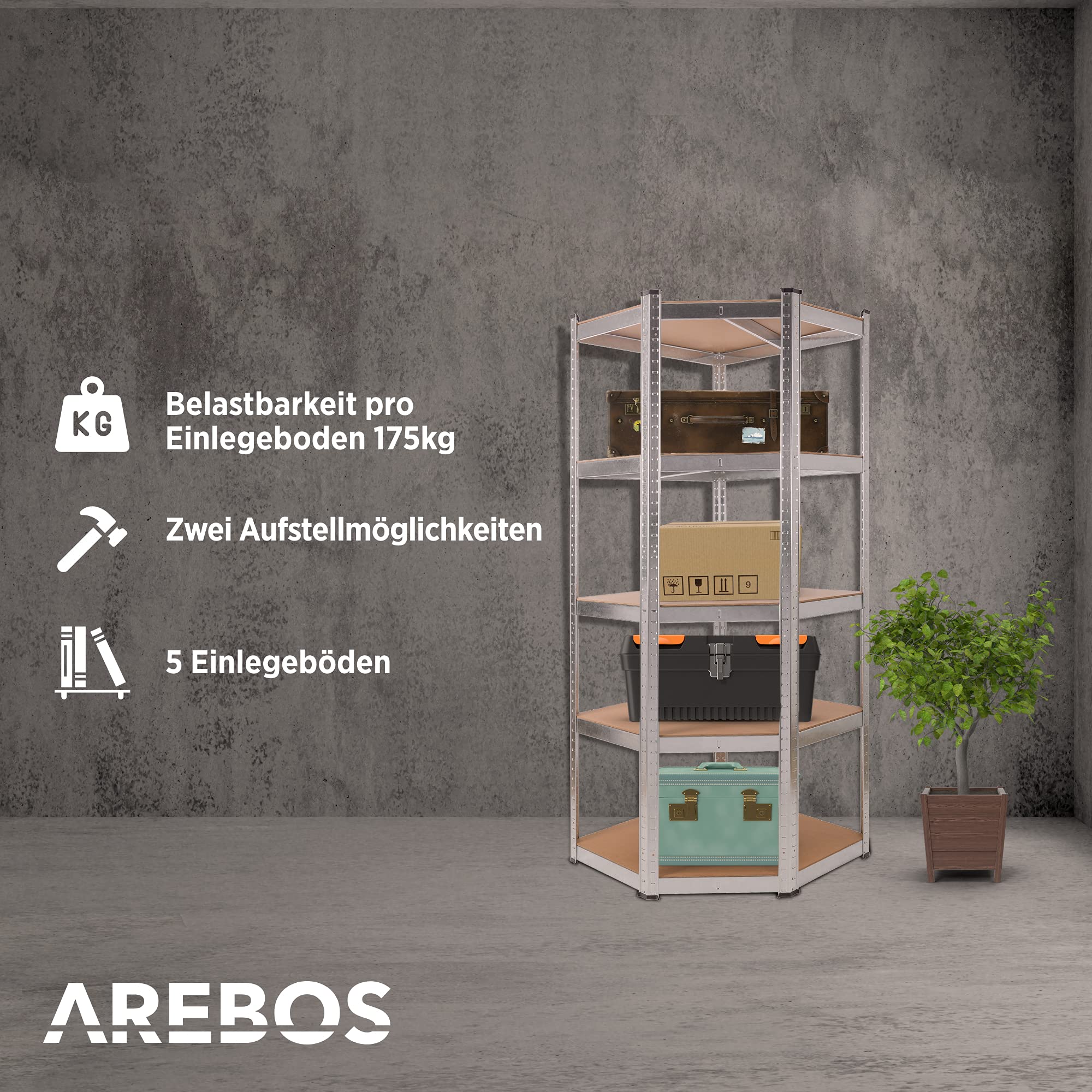 Arebos Eckregal Schwerlastregal Steckregal 875kg | Einfache Montage durch Stecksystem | 180 x 70 x 70 cm | 5 Böden aus MDF | bis zu 175 kg pro Regalboden | Verzinkt
