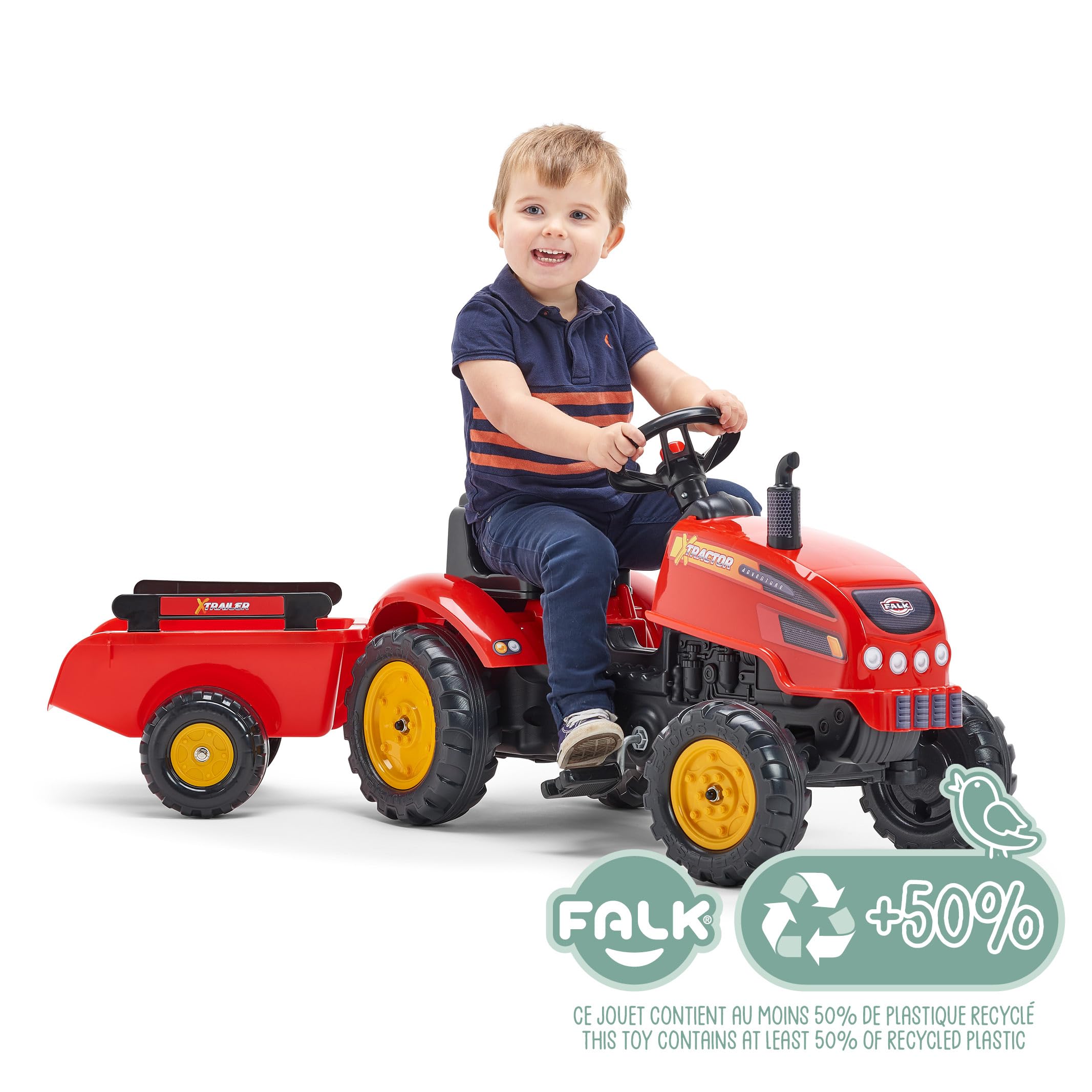 FALK - Traktor X Tractor - Czerwony - z otwieraną maską i przyczepą - Wyprodukowano we Francji - Od 2 lat - 2046AB