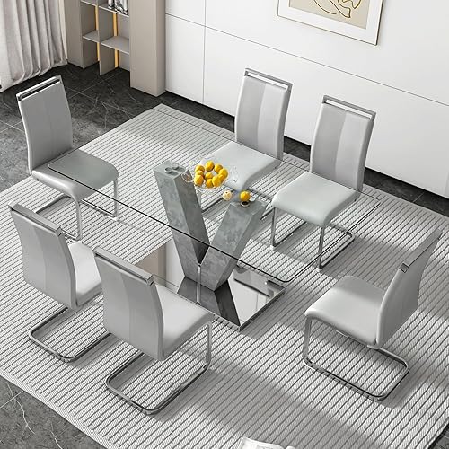 Miniatura 9 de Juego de mesa de comedor de vidrio de 71 pulgadas para 6, juego de mesa de comedor para 6, mesa de cocina moderna y 6 sillas de PU, parte superior