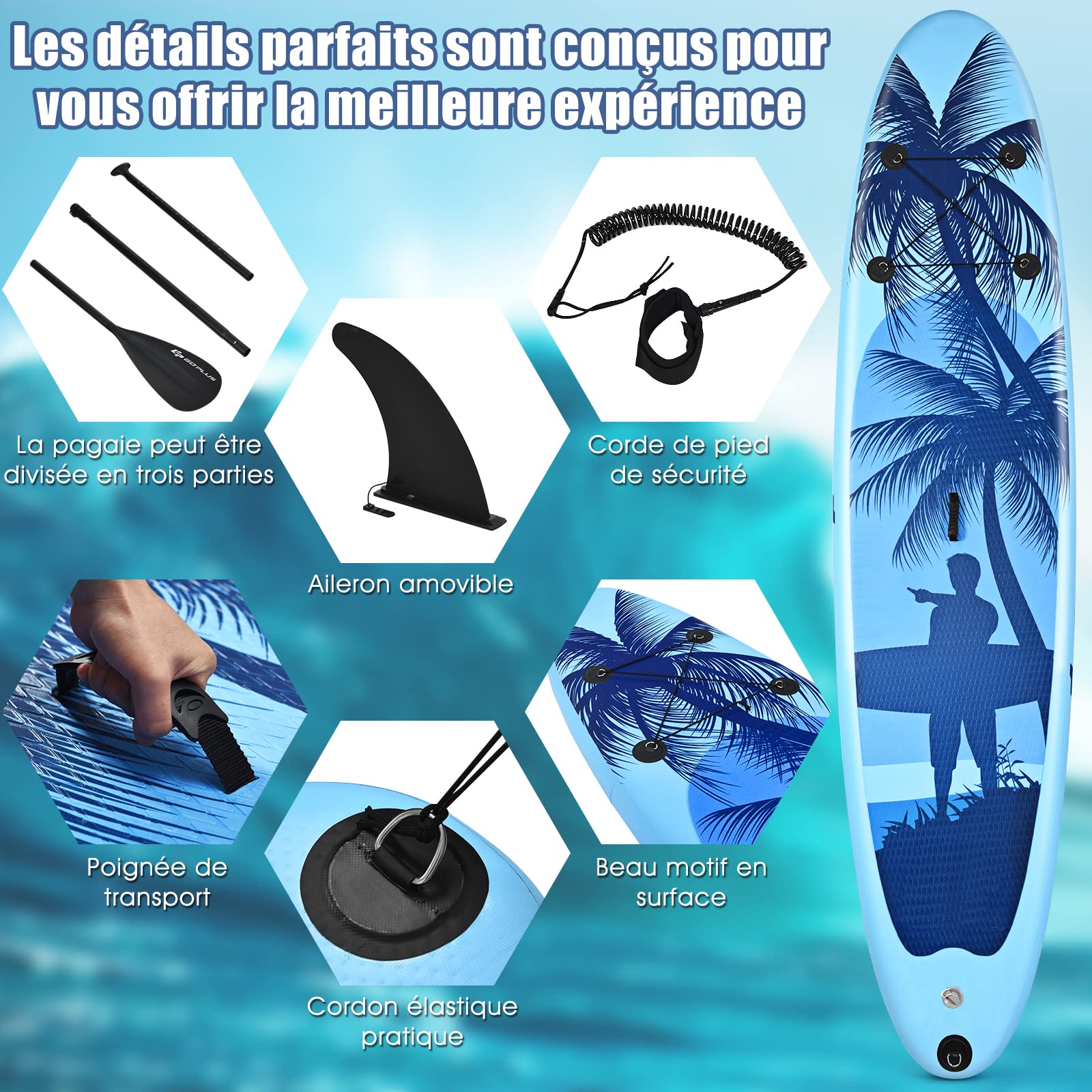 GYMAX Planche Gonflable Adulte, 305x76x16CM, Board en PVC avec Sac de