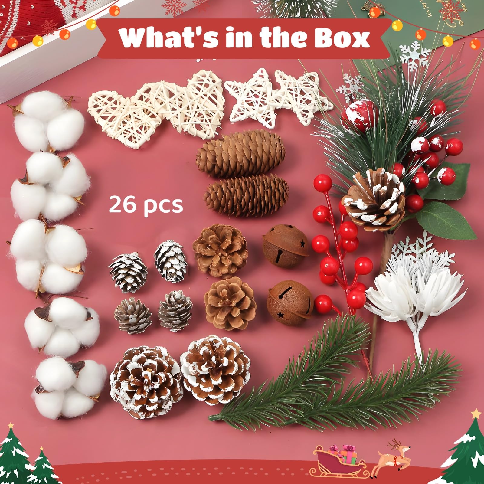 36 STK. Weihnachtszapfen Bastelset, natürliche DIY Weihnachtsdeko, Zapfen mit roten Beeren, Eicheln, Schneeflocken und grünen Kiefernnadeln, für Winterdeko im Haus, Kranzgestaltung