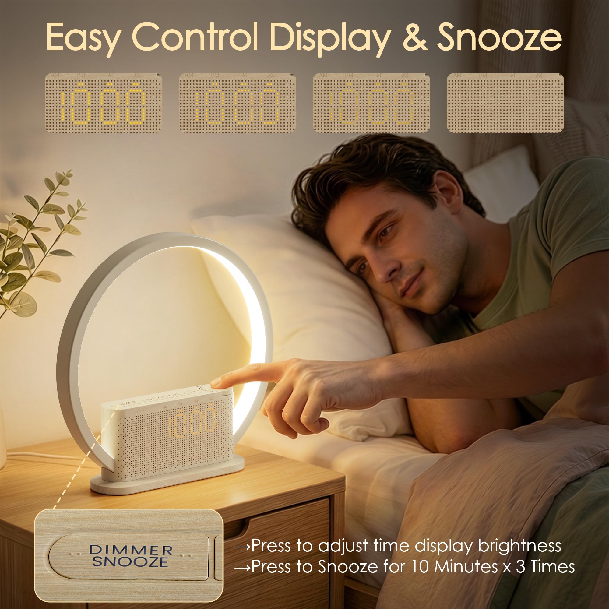 blonbar Reloj Despertador con Luz de Amanecer, 3 Niveles de Brillo, Doble Alarma con Despertador Suave, Sonidos Naturales Integrados, Salida USB, Función de Posponer 10 Minutos Lámpara de Cabecera par