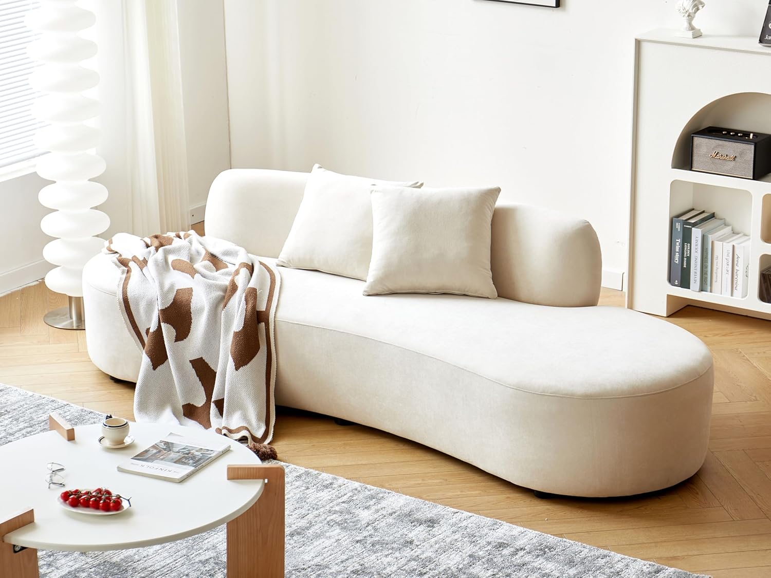 90" Curved Sofa with Throw Pillows, 4 Seater Luxury Velvet Couch with Half Moon Design and High-Density Foam, Ideal for Modern Living Room, Office and Apartment, Ivory