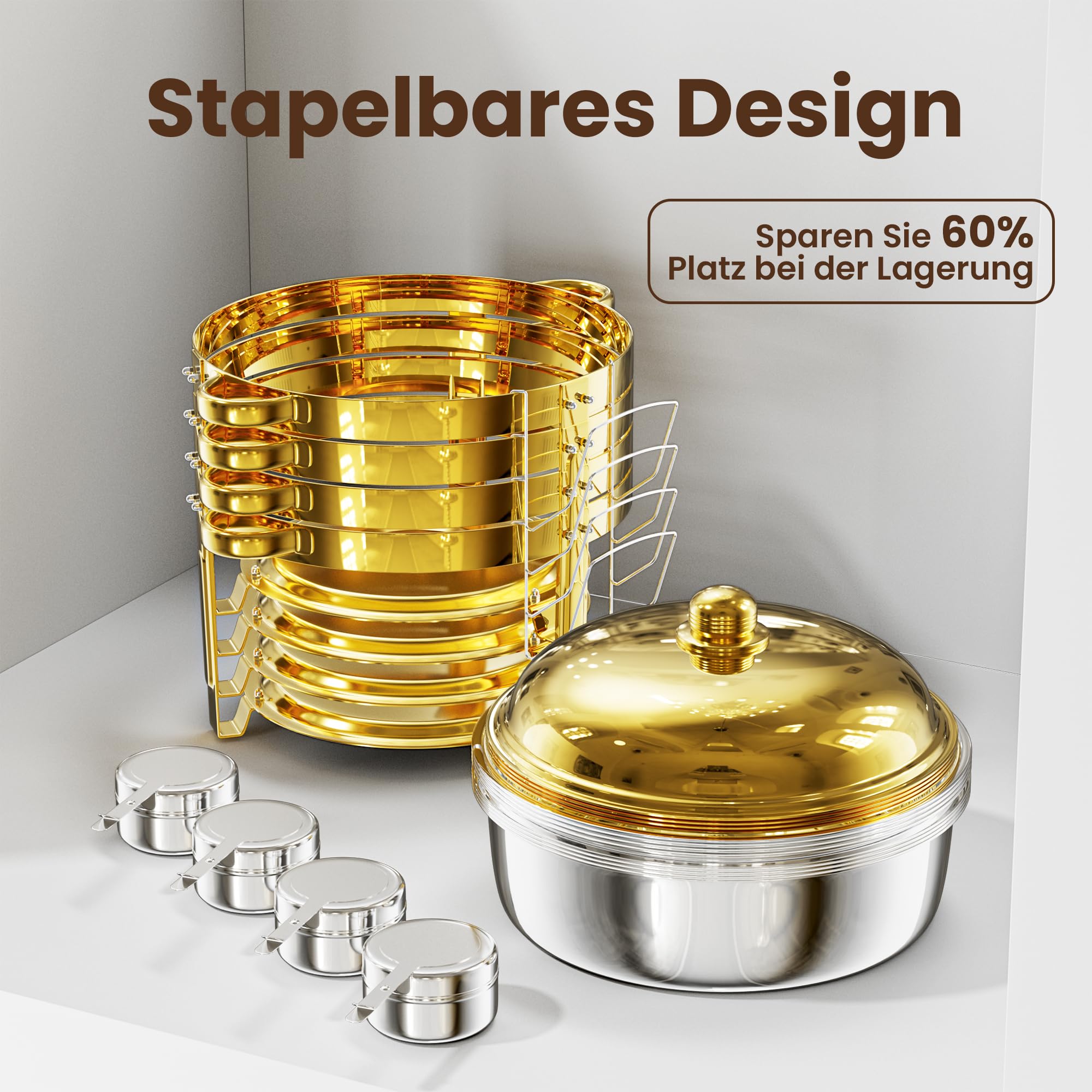 WARMOUNTS Chafing Dish 4er Set 6L Gold, Speisenwärmer Buffet Rund Edelstahl mit Deckelhalter, Warmhaltebehälter Stapelbar Catering Rechaud für Gastronomie, Partys & Hochzeiten