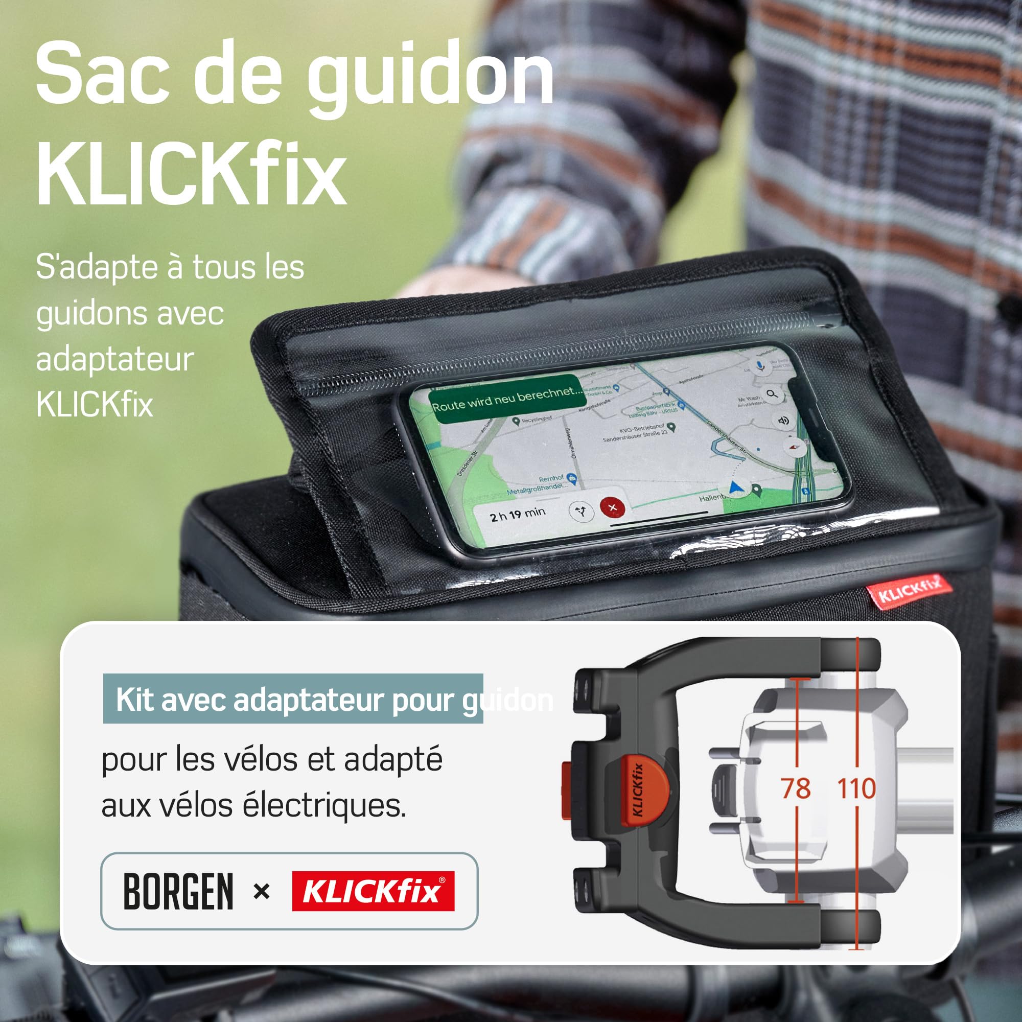 Borgen Sacoche vélo de Guidon KLICKfix Smartphone – Sac de Cintre 6 L, Grande et imperméable – Pochette de poignées ebike – Boîte Avant Bicyclette Portable