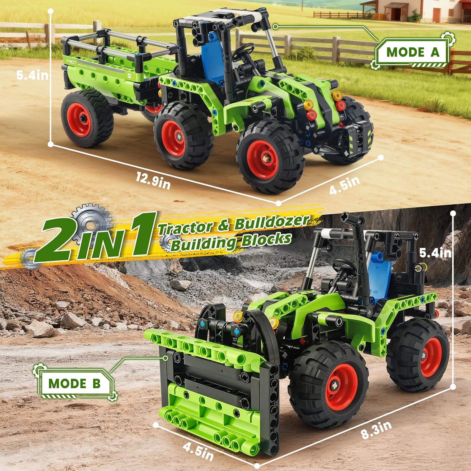 Jumlys STEM Building Toy for Kids Boys Girls Age 5, 6, 7, 8, 9, 10, 11, 12 Years Old, 2 in 1 Tractor Bulldozer Building Sets, 346 Pcs DIY Engineering Construction Building Blocks Kits