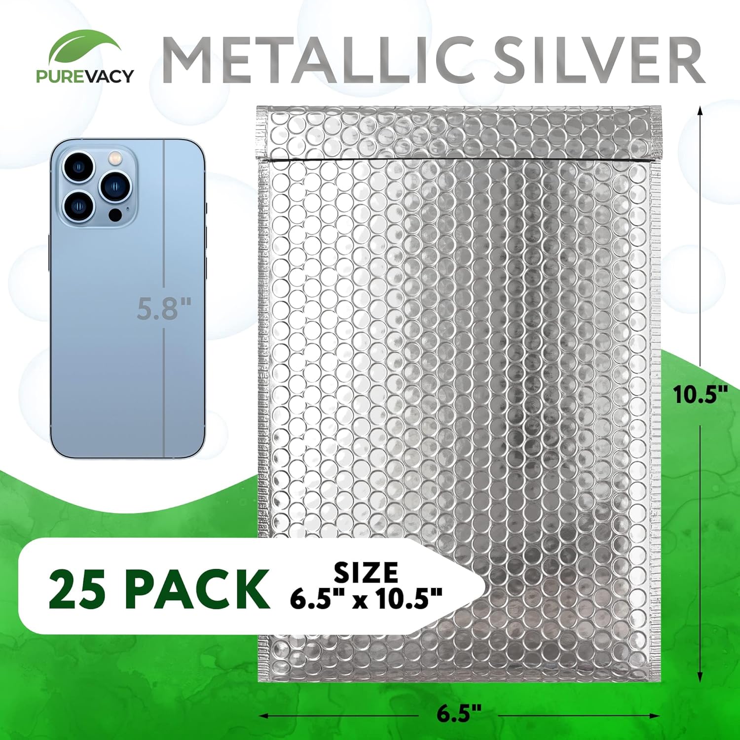 Silver Metallic Bubble Mailers, 6.5 x 10.5 Inch. Pack of 25 Bubble Mailers Metallic Style with Reliable Adhesive Strip. Cushion Metallic Bubble Envelope Mailer. Waterproof Metallic Mailers