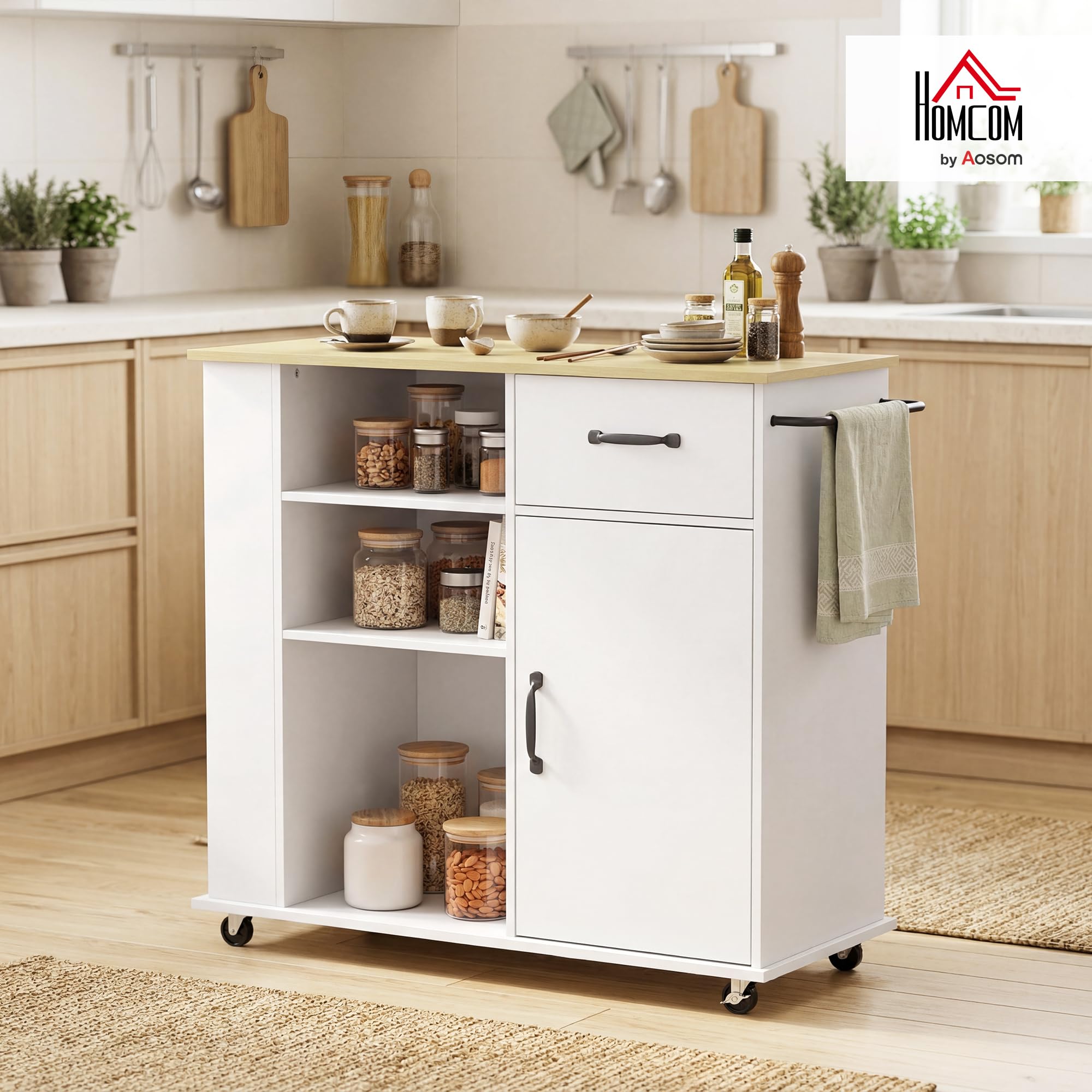 HOMCOM Carrello Cucina con 5 Ruote, Isola Cucina con Ante Soft-Close, Cassetto, Portasciugamani, 3 Portaspezie, 3 Scaffali Aperti e Ripiano Regolabile, Multiuso Salvaspazio, 96.5x38x87 cm, Bianco
