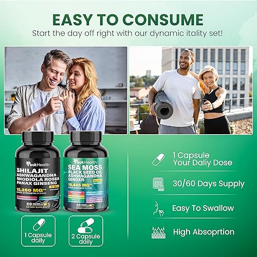 Miniatura 6 de Shilajit - Cápsulas de Ashwagandha de aceite de semilla negra de musgo marino para hombre y mujer, combo de 2 botellas con cúrcuma, panax ginseng,