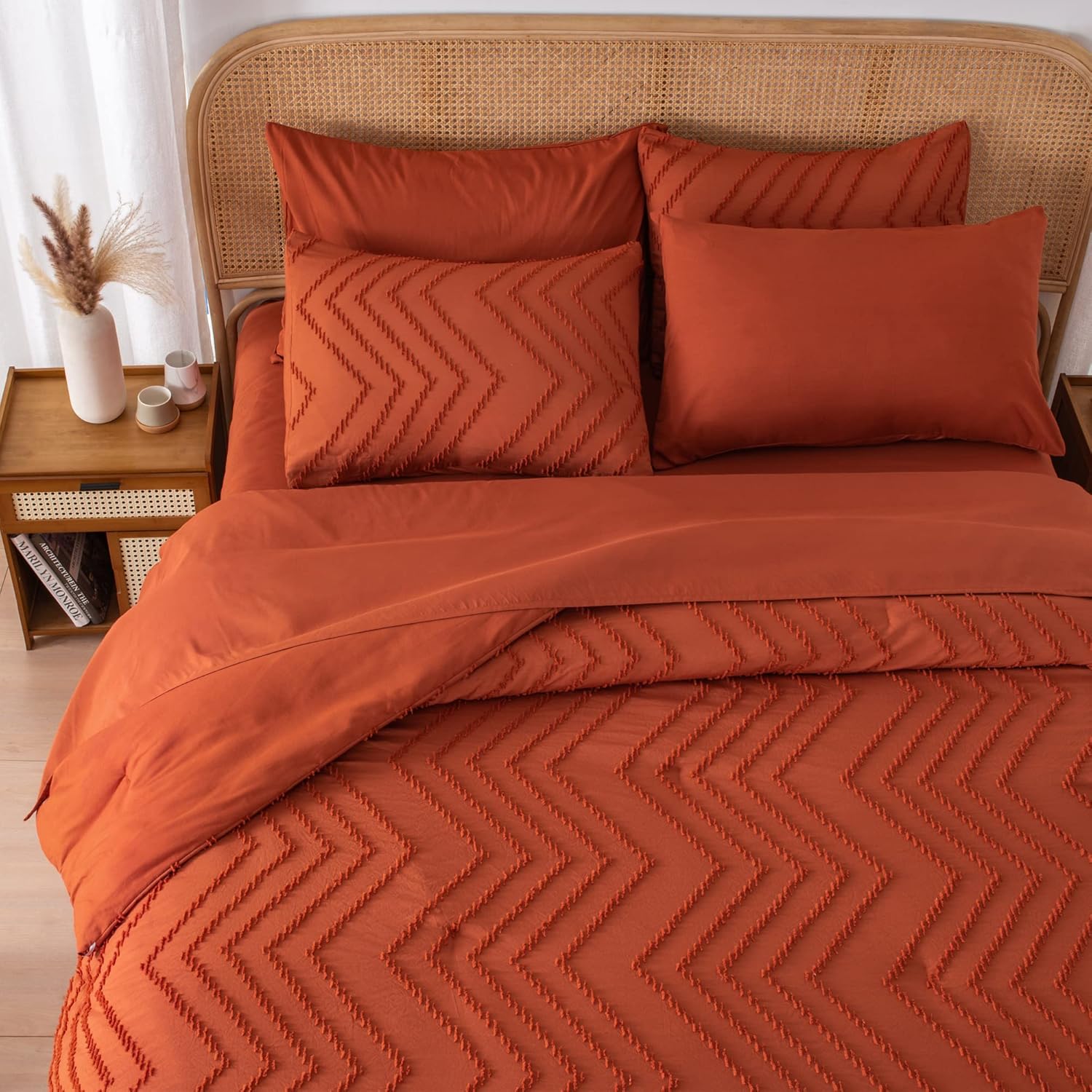 Litanika Full Size Comforter Set with Sheets Burnt Orange - 7 Pieces Bed in a Bag Full Terracotta Boho Tufted Complete Bedding Sets Rust Bed Set with Comforter, Sheets, Pillowcases & Shams - Image 3