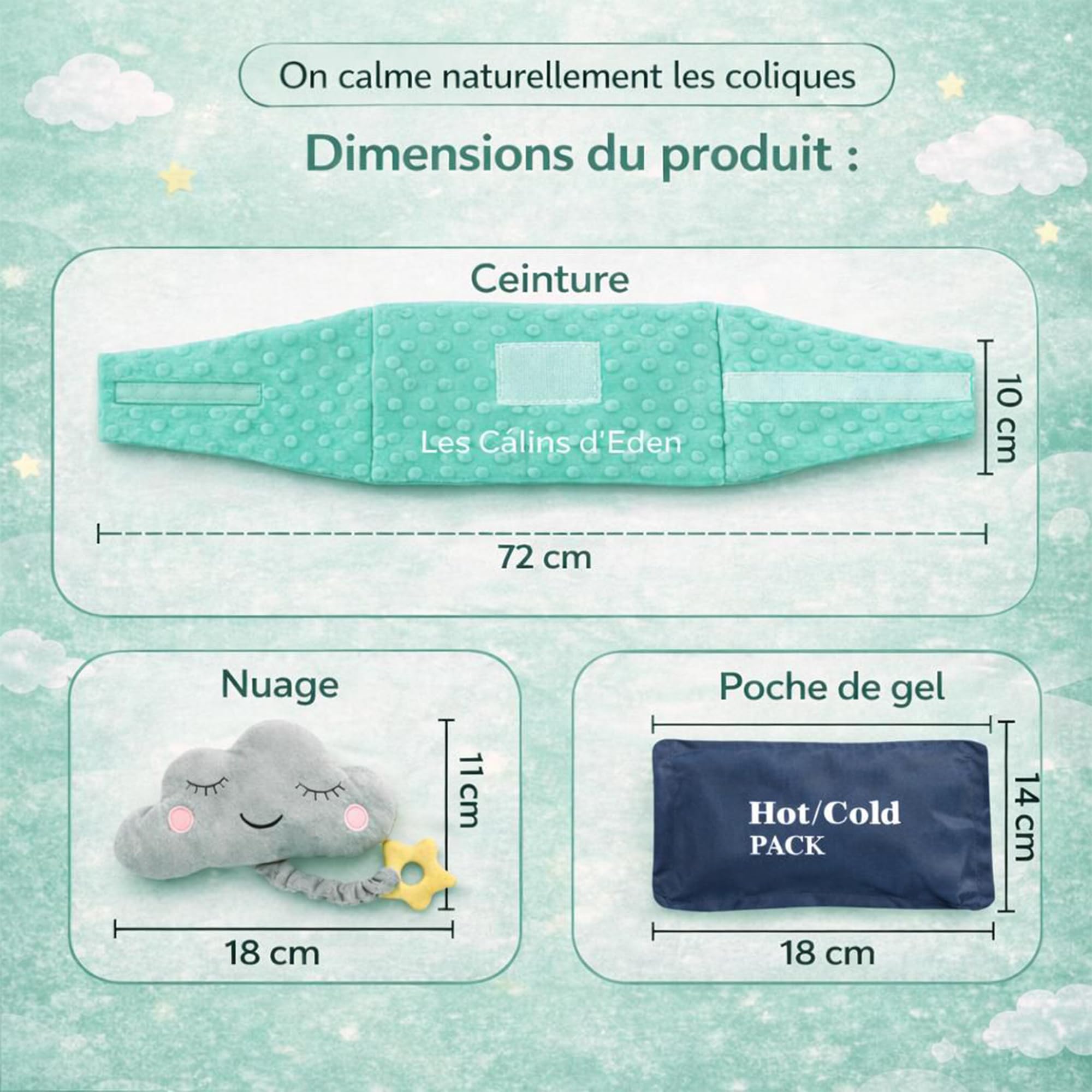 Ceinture bouillotte bébé anti-coliques – poche gel chaud/froid, doudou musical amovible, anneau de dentition silicone étoile, housse satin – soulage coliques & ballonnements – Certifiée CE