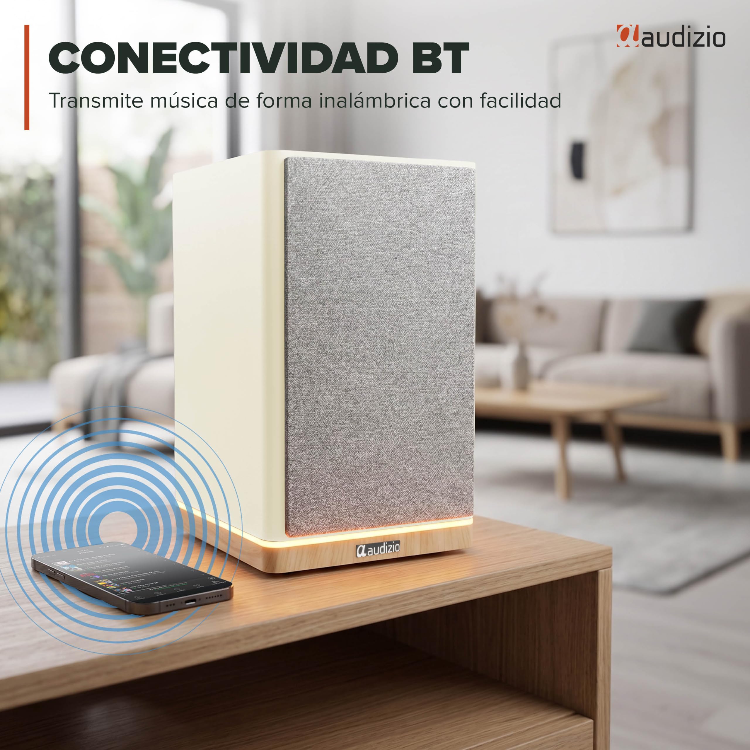 Audizio KS12 Altavoces HiFi Activos 80W HDMI ARC, Color Crema | Altavoces activos con HDMI ARC, Bluetooth 5.3, salida para subwoofer y acabado crema