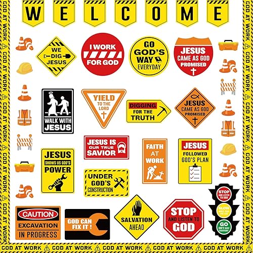 Harloon 67 piezas de decoración de aula de construcción cristiana, tableros de anuncios de bienvenida religiosa, recortes de letreros de viaje por