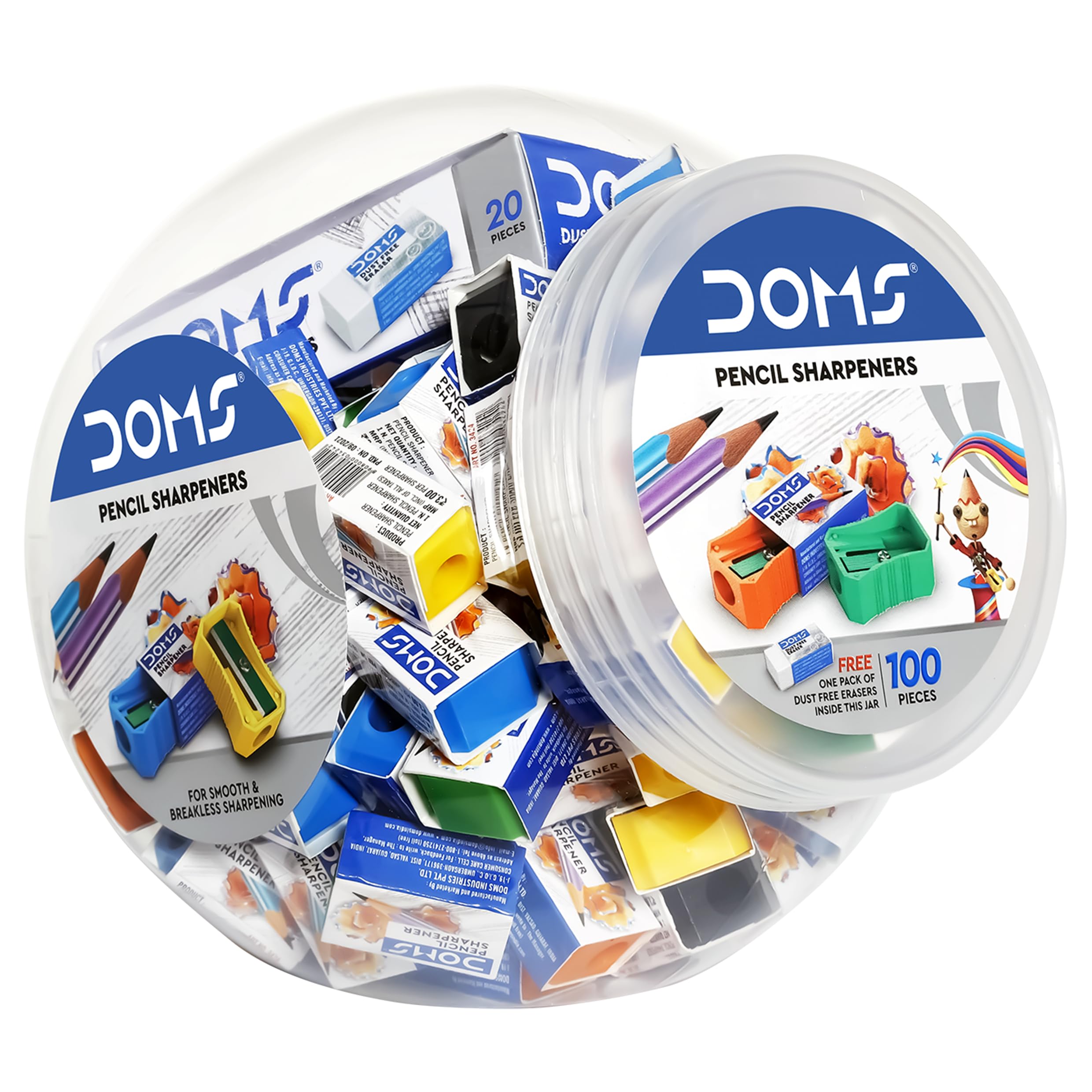Doms Pencil Sharpener Jar Pack | Smooth & Breakless Sharpening | Free 20 Pieces Eraser Inside The Jar | Sharpners for Kids, School & Stationery | Multicolour, Pack of 100 Pieces-picture-31