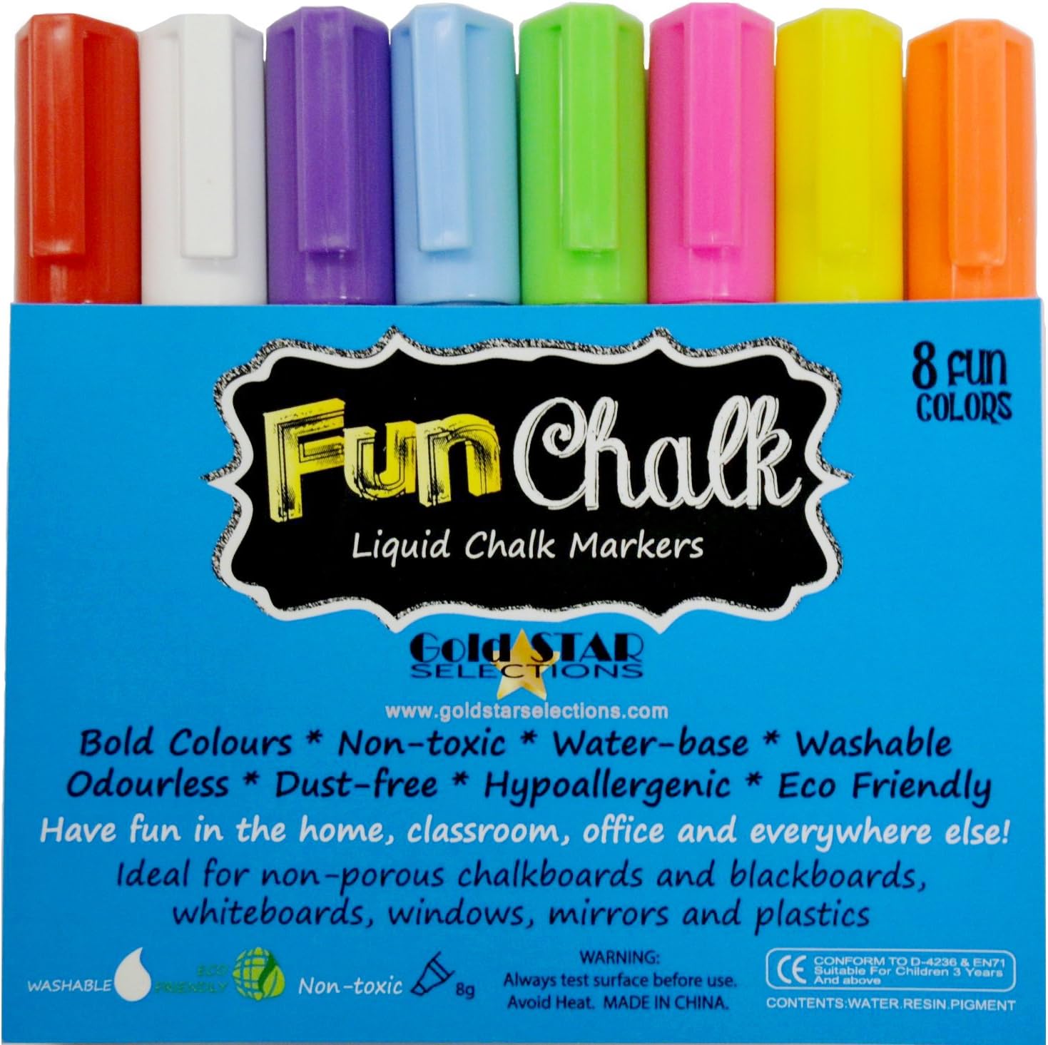 Chalk Markers with Reversible Tip - Ideal for Blackboards, Windows, Non-porous Chalkboards, Whiteboards, Plastics, Bistro Boards, Mirrors, Teachers, Kids, Arts and Crafts, Office and More - Odor Free, Non-toxic Neon Liquid Chalk Pens - Bold Colors & White Ink – 8 Pack