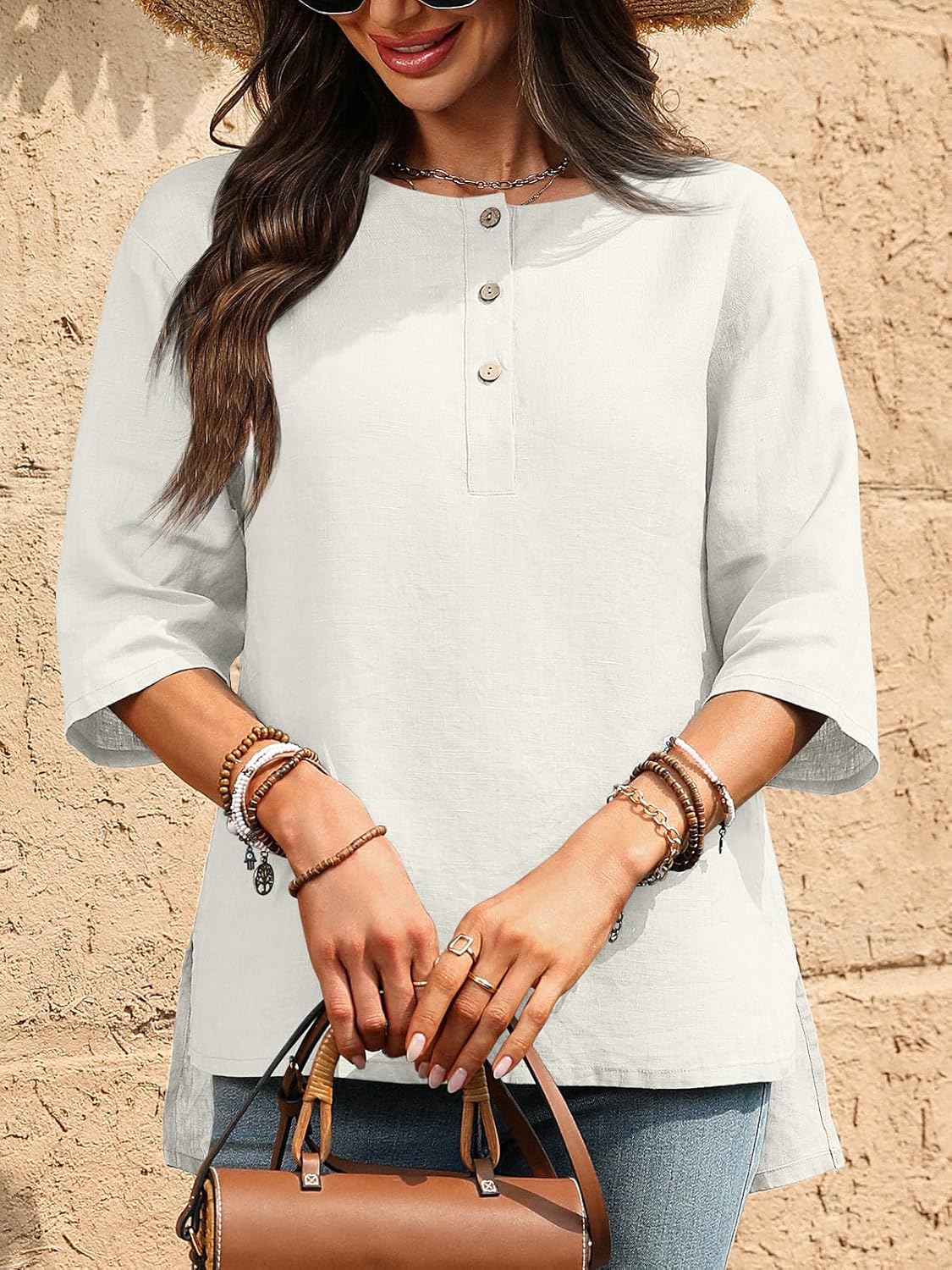 Women's Linen Henley Shirts 100% Linen Elbow Sleeve Crew Neck Slit Hem Tunics Blouse Top - Image 5