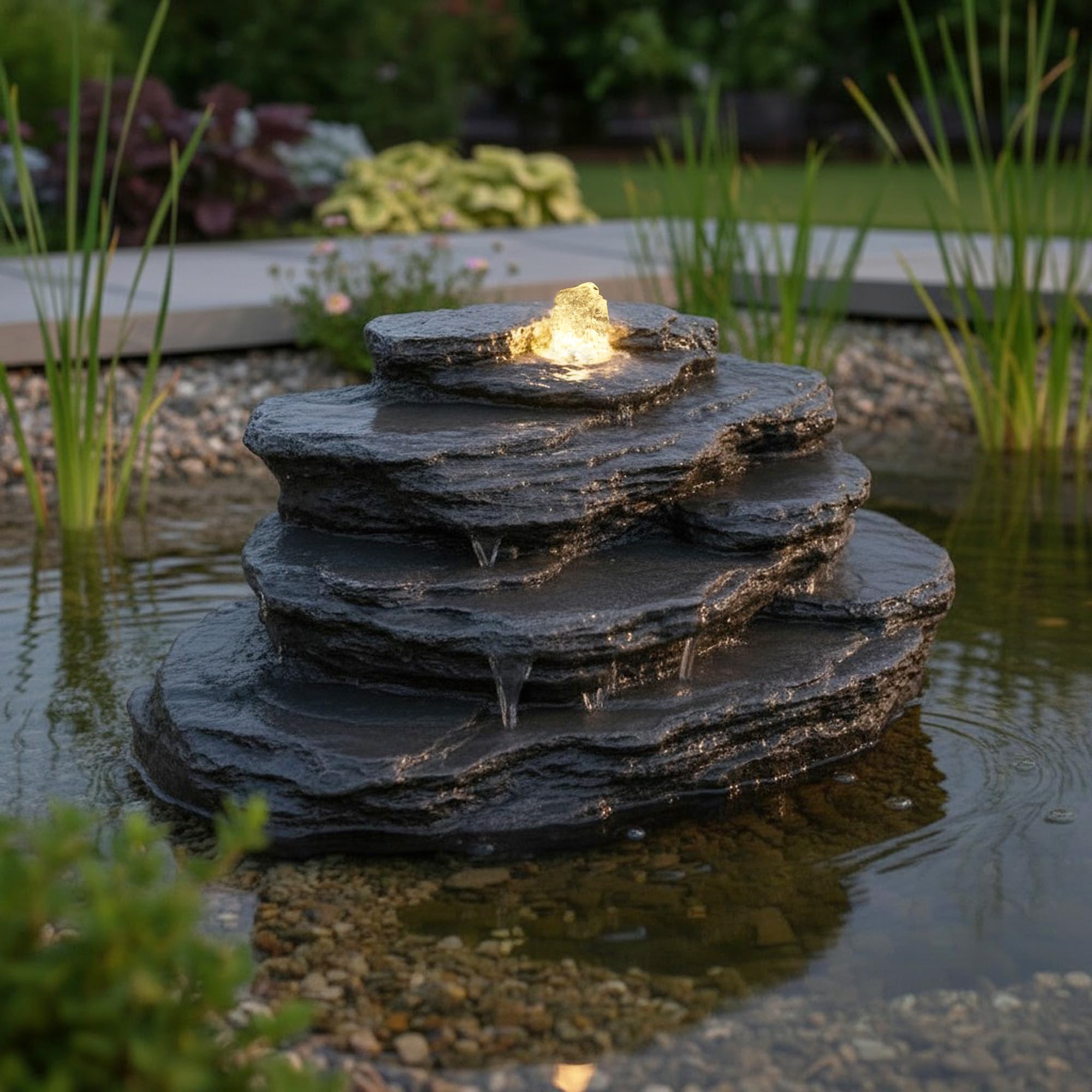 Künstlicher Quellstein Felsen mit LED Beleuchtung OG-KQS002 Realistische Steinoptik, inkl. 2 m Schlauch – Wetterfest für Teich & Bachlauf Schiefer-Optik Springbrunnen Gartenbrunnen (OG-KQS002 + Pumpe)