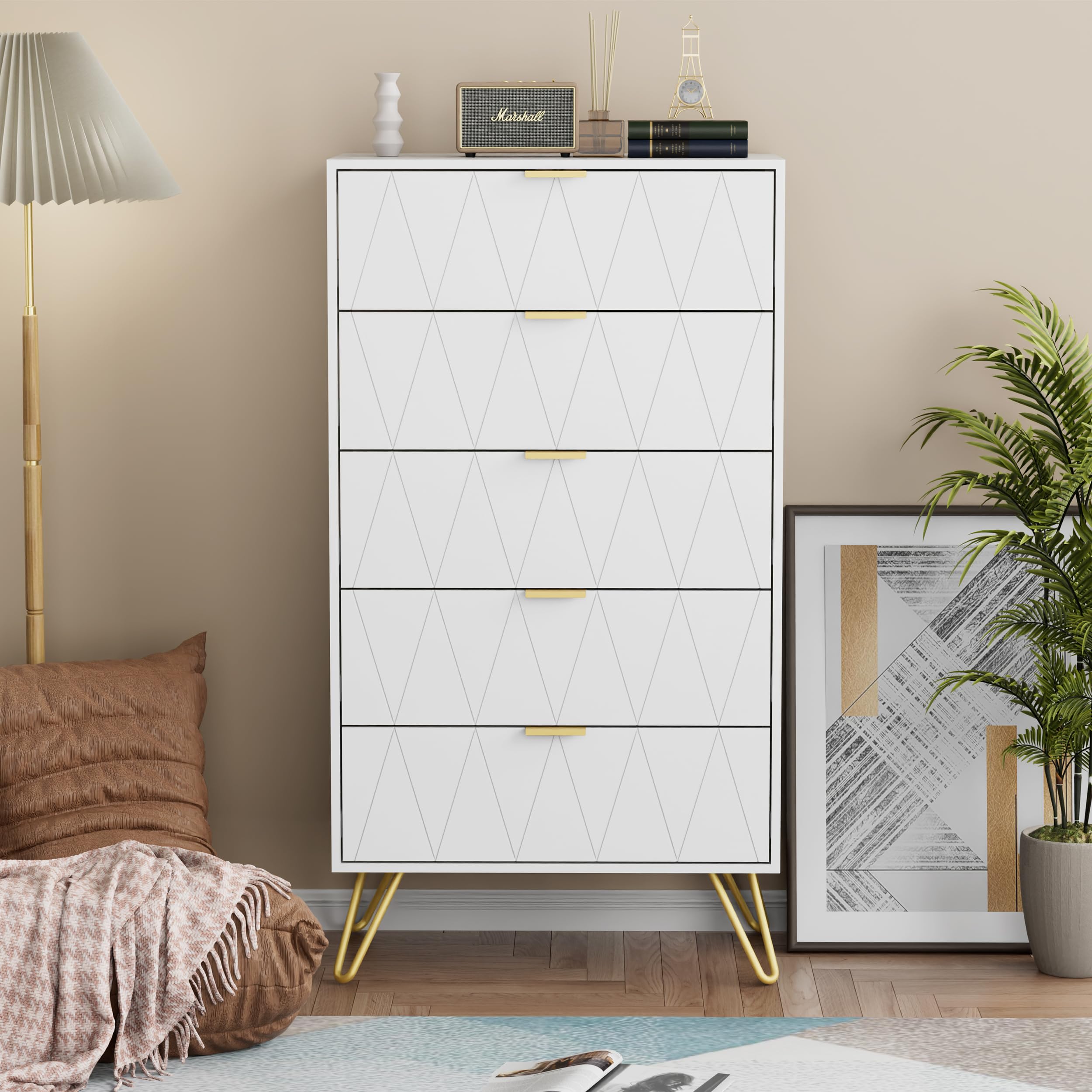 UEV 5 Drawer Chest of Drawers, White Dresser for Bedroom, Storage Cabinet Modern Scandinavian Style for Living Room, Hallway, 60 x 34 x 110 cm