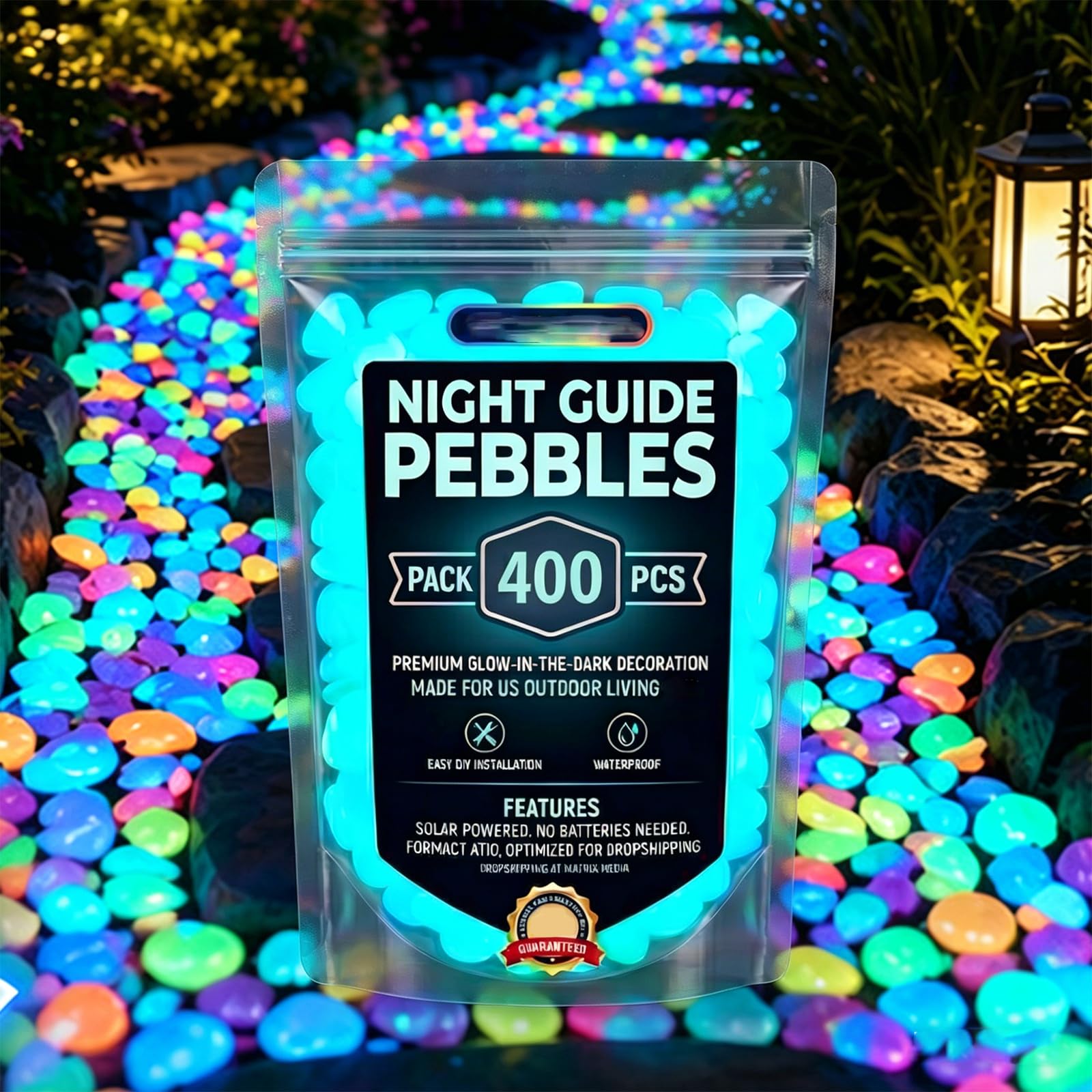 Colorful Glow-in-the-Dark Garden Stones, Night Guide Pebbles Glow, Rainbow Luminous Stepping Stones for Outdoor Walkway & Landscaping, Glowing Fish Tank Decorations, Vase Glow-Rocks (Blue,400)
