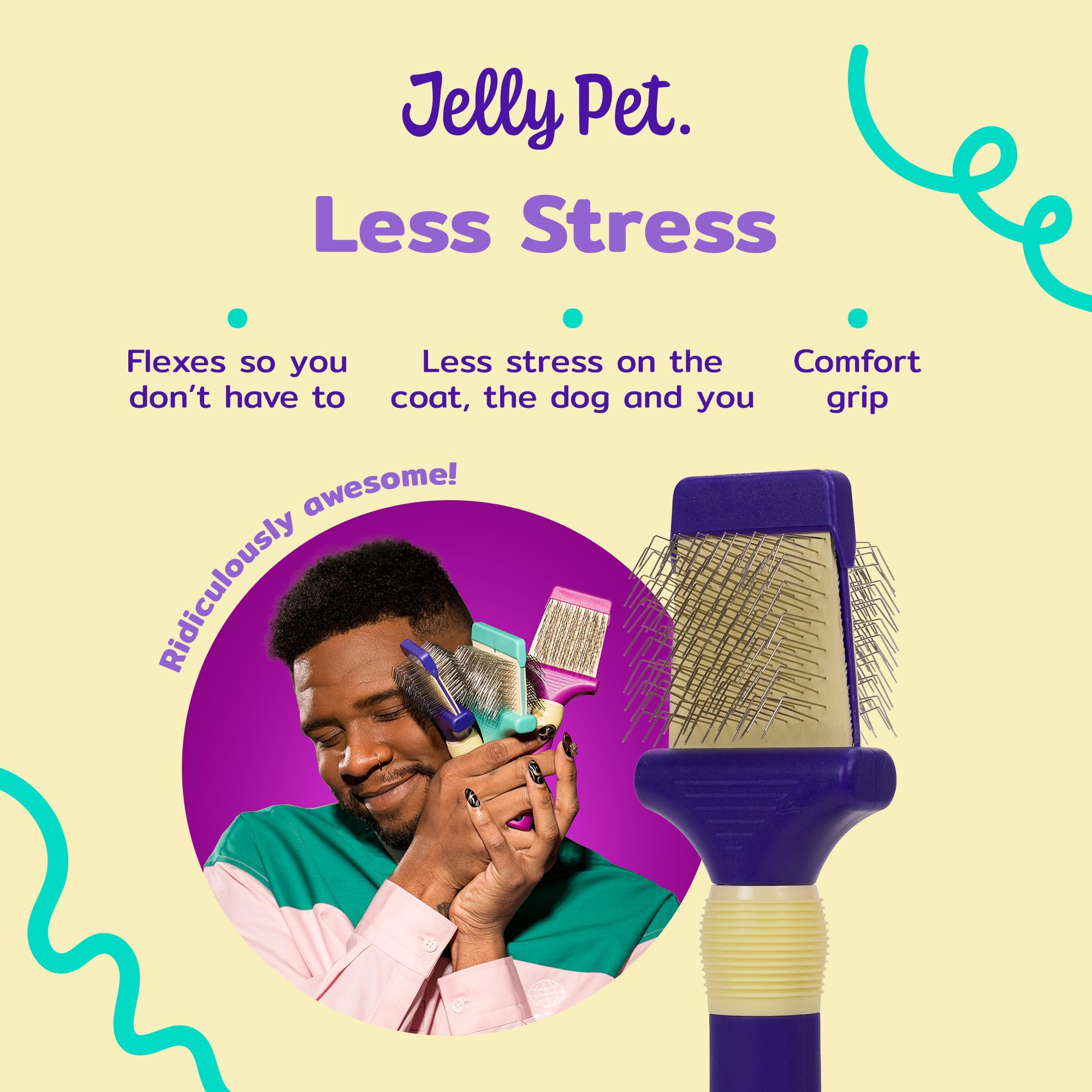 Jelly Pet Cepillo de doble cara para perros, pasadores más largos, cabeza flexible, lados finos/gruesos, elimina enredos no deseados, pequeño, morado