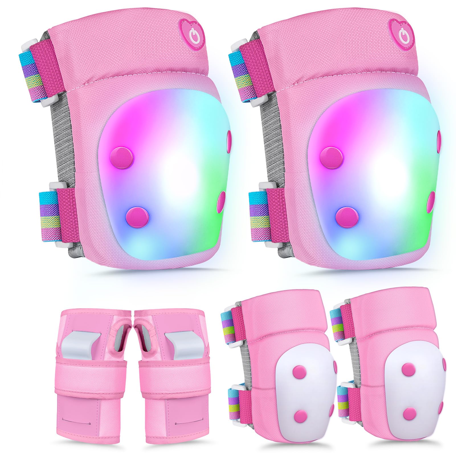Knee Pads for Kids with LED Lights, Kids Knee Pads and Elbow Pads Wrist Guards Set with Drawstring Bag for Girls 3-8 Years Adjustable Protective Gear Set for Scootering Cycling Skateboarding