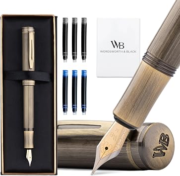Wordsworth and Black Fountain Pen Mini EDC Luxury Bronze Heavy Pocket Pen, Medium Nib, 6 Ink Cartridges, Ink Converter, Travel Refillable Writing Pen Gift Set, Men & Women