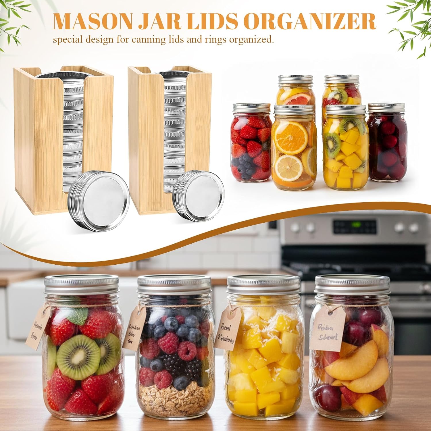 2 Pack Square Bamboo Mason Jar Lid Organizer, Vertical Canning Lid Storage Holder for Wide Mouth & Regular Mouth Lids, Fits 20-24 Mason/Canning/Bamboo Lids，Modern Kitchen Organization Accessories