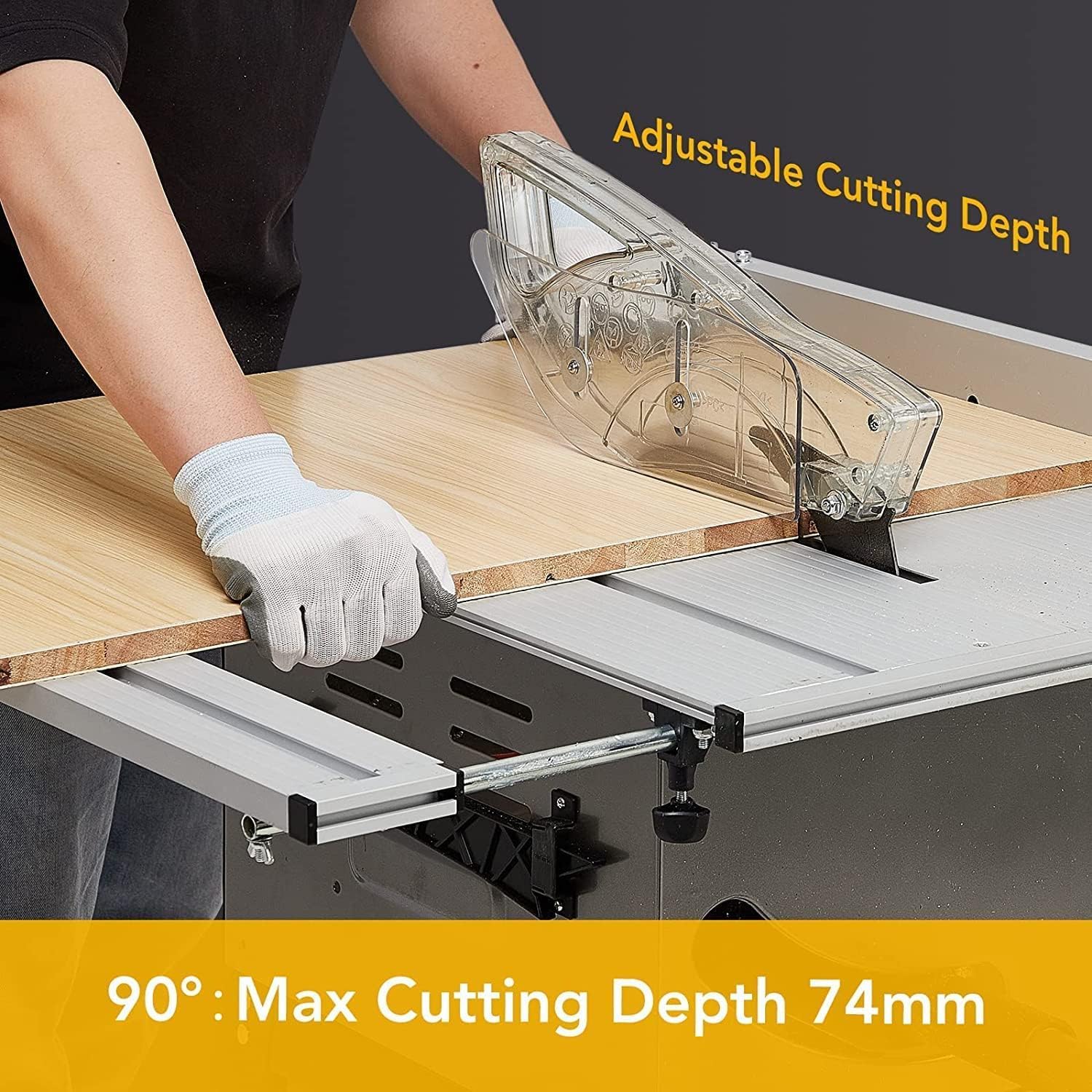 Table saw demonstrating adjustable cutting depth for a wooden board.
