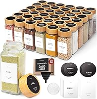 Vista 1 de FINESSY Tarros de especias de vidrio con etiqueta con tapas de bambú, juego de 36 unidades, botellas vacías de vidrio transparente para especias