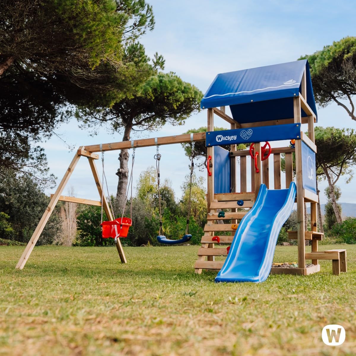 Wickey Spielturm DinkyHouse mit Picknicktisch - pastellpinke Rutsche & Plane - Kinder Kletterturm für den Garten aus Massivholz - 334x317x247 cm