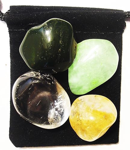 Vejiga ayuda Tumbled vidrio Curación Set con bolsa & Tarjeta de descripciónBloodstone, Citrina, transparente, y de cuarzo Prehnite