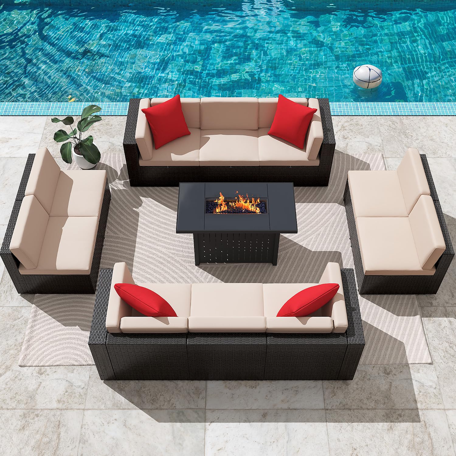 Greesum Patio Furniture Sets 11-Pieces Outdoor PE Rattan Sectional Sofa w/43in Gas Fire Pit Table 55000 BTU Add Warmth to Gatherings Parties On Deck Garden Backyard,Beige