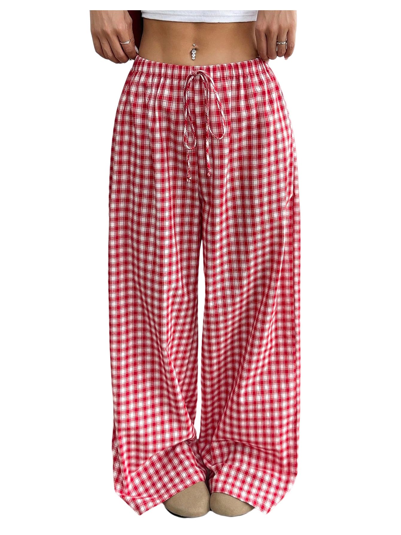 Verdusa Womens Gingham Plaid Wide Leg Pants Streetwear Casual High Rise Baggy Trousers