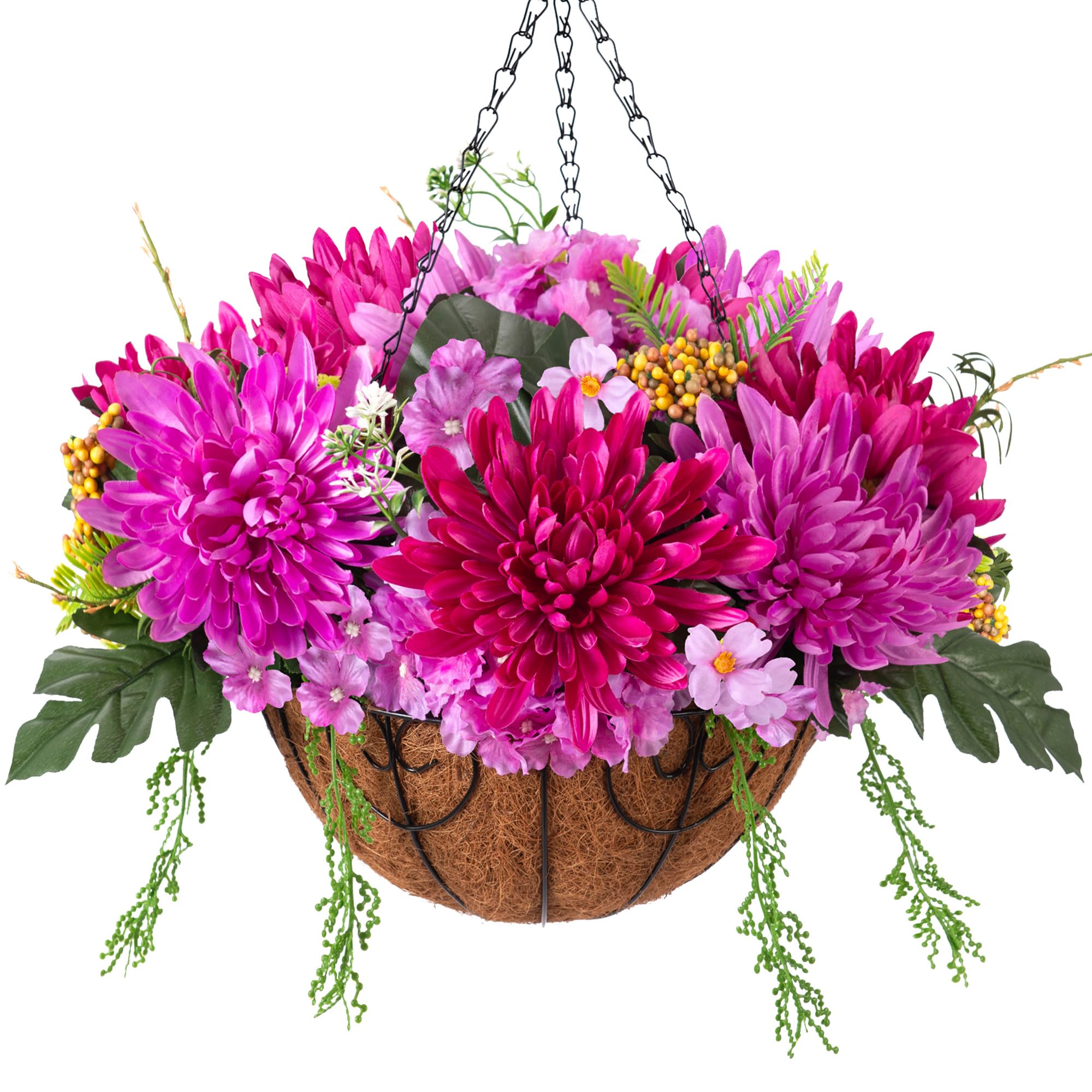 Artificial Fall Mums Flowers Baskets for Outside Decoration, Fake Hanging Silk Fuchsia Flower, Faux Chrysanthemum Summer UV Resistant Realistic for Porch Yard Autumn Decor