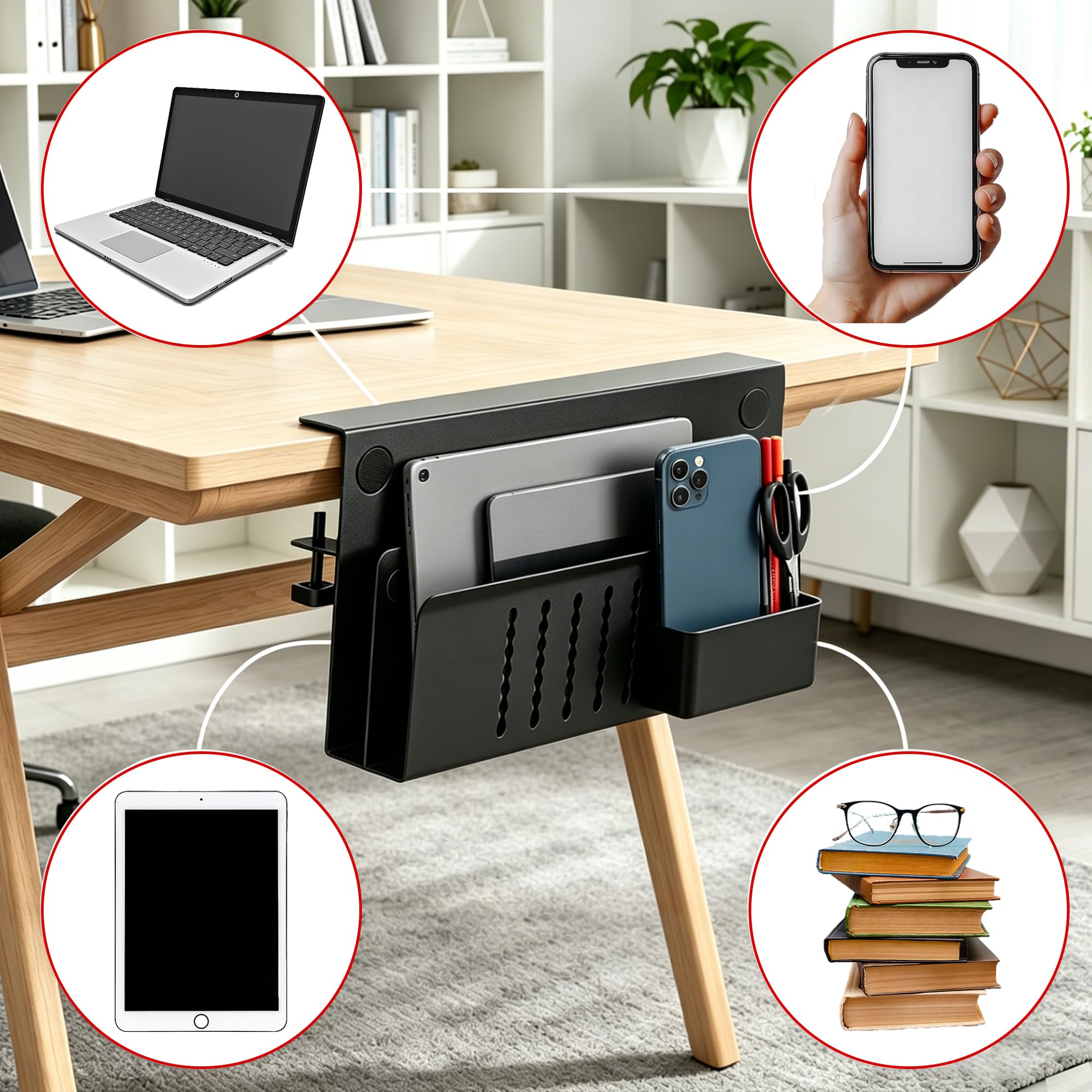 Contenitori Laterali per Scrivania, Scrivania Organizer Laterale, Contenitore Laterale da Regolabile Con Portapenne Magnetico, Supporto Metallo Sotto, nero, doppio strato