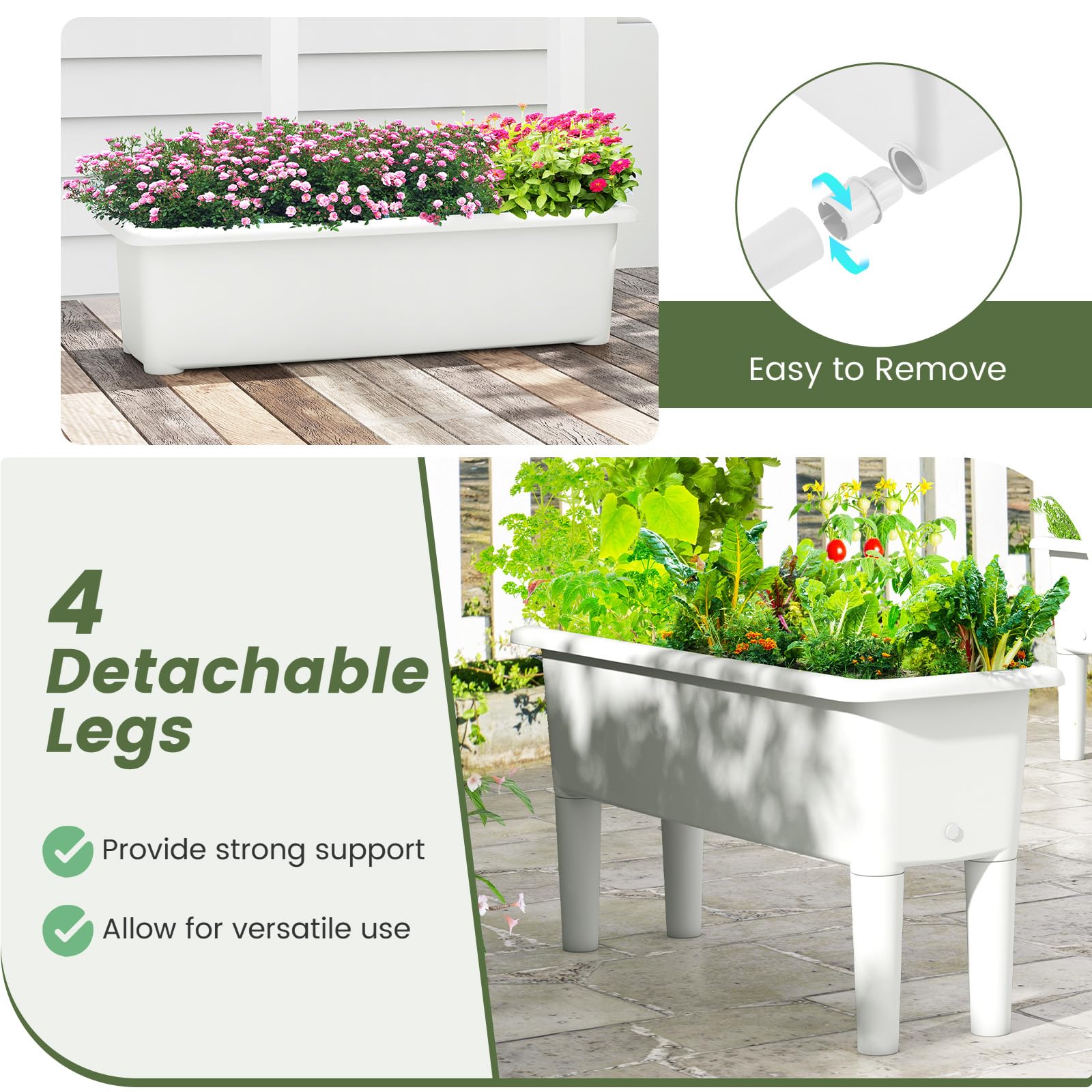 HOMASIS Set di 2 Orto Rialzato da Esterno, Vaso Rettangolare in PP da 29L con Gambe Rimovibili e Foro di Drenaggio, Fioriere Ideale per Balcone, Giardino, 80 x 30 x 40 cm (Grigio)