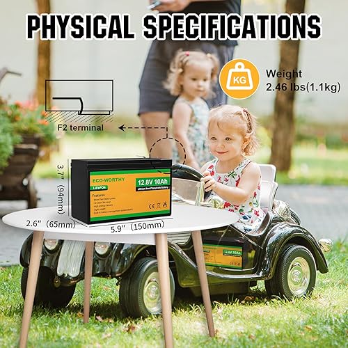 Miniatura 3 de ECO-WORTHY Paquete de 2 baterías de litio LiFePO4 de 12 V 10 Ah, batería recargable de ciclo profundo de 3000 +, perfecta para scooter, ruedas