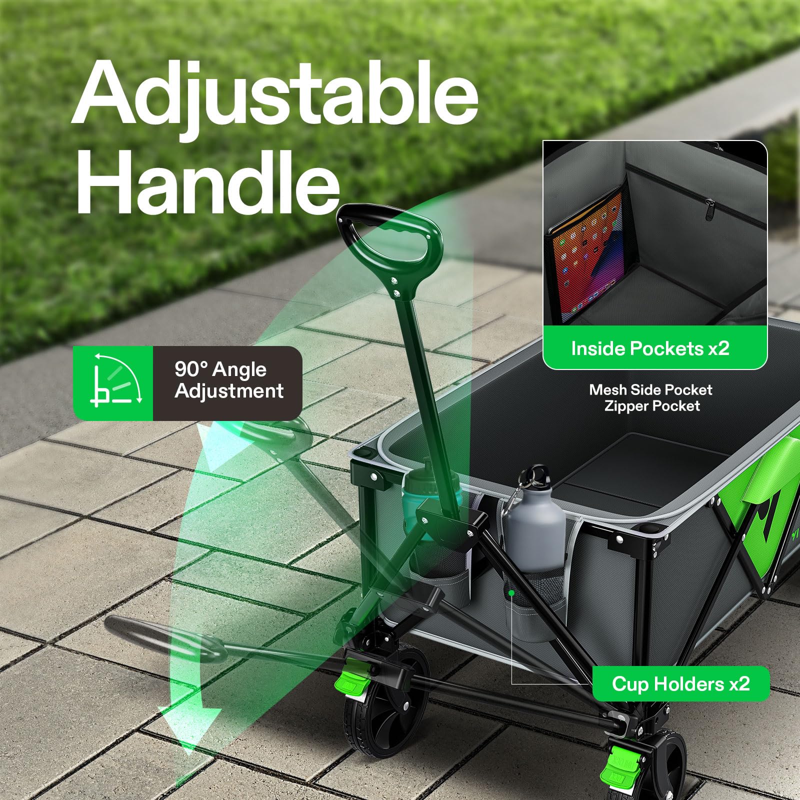 VIVOSUN Vagón plegable para uso al aire libre con ruedas universales silenciosas, portavasos y bolsillos laterales, asa ajustable, para camping, jardín, deportes, picnic, compras, 110 L, gris y verde