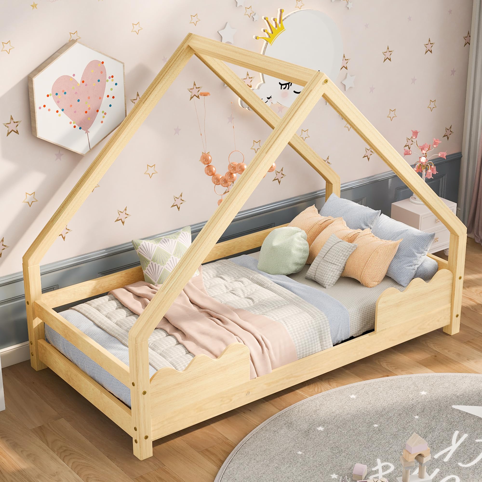 Merax Kinderbett 90x200cm, Hausbett Mit Lattenrost, Holzhaus Bett mit Rausfallschutz für Jungen & Mädchen, Kinder Bett Baumhausbett, Stabiles Bodenbett, Niedlicher Spielplatz, Natur