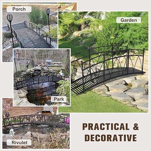 Miniatura 5 de Puente de jardín de metal de 8 pies con carriles laterales con patrones de seguridad, puente de arco de hierro decorativo para exteriores, puente