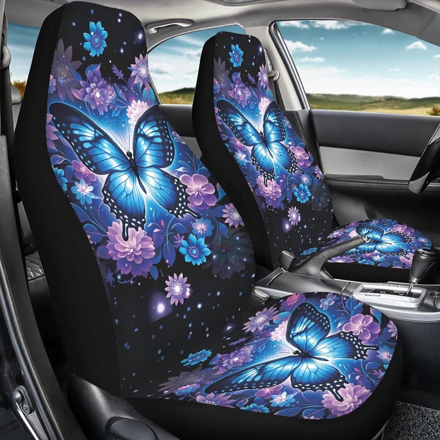 COEQINE Butterfly Car Seat Covers Full Set for Women Blue Purple Galaxy Floral Printed Automotive Seat Covers for Cars Trucks and SUVs Front Seat & Bench Back Seat Cover All Seasons Machine Washable