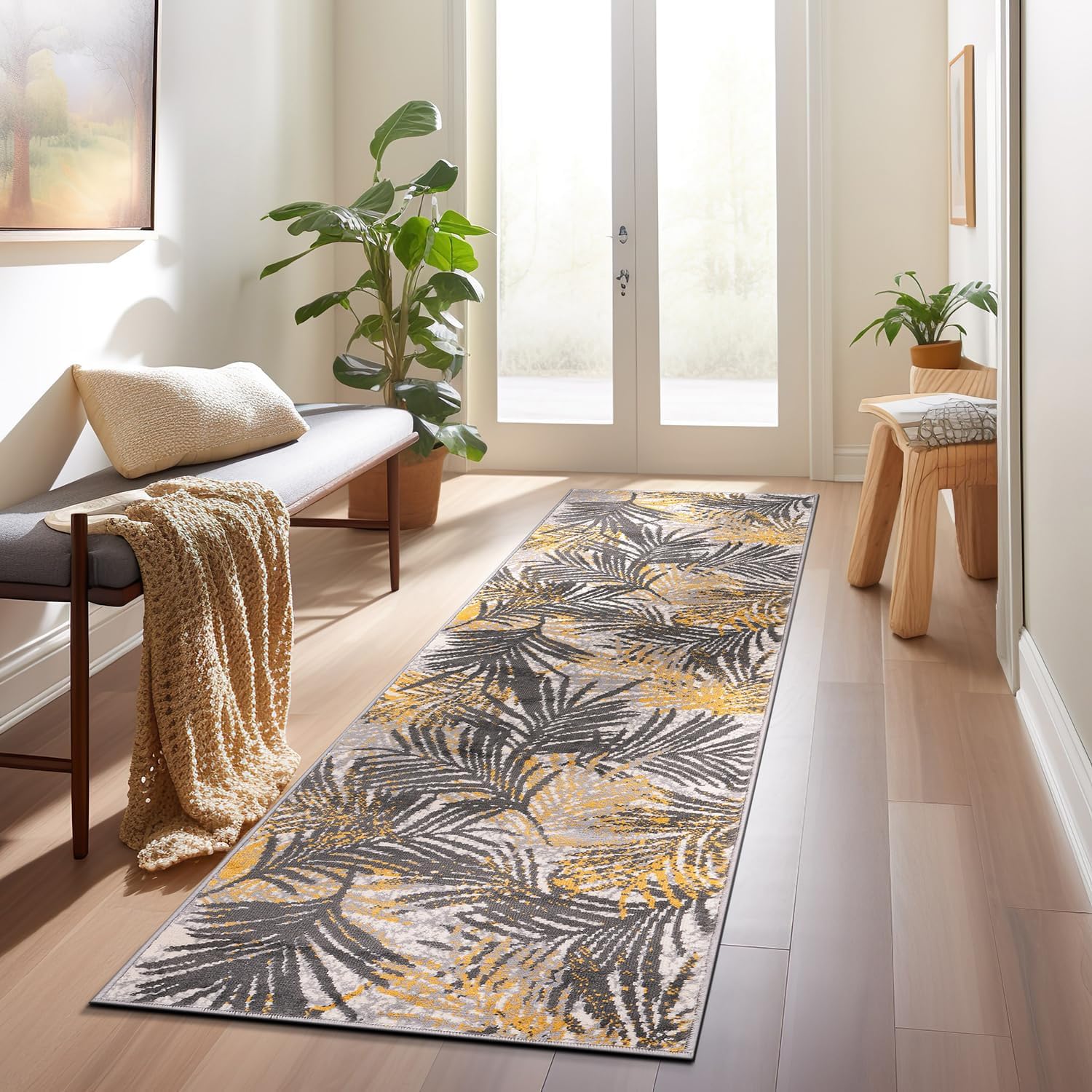 Rugshop Edinburgh Floral Leaves Stain Resistant Soft Runner Rug 2' x 7' Yellow
