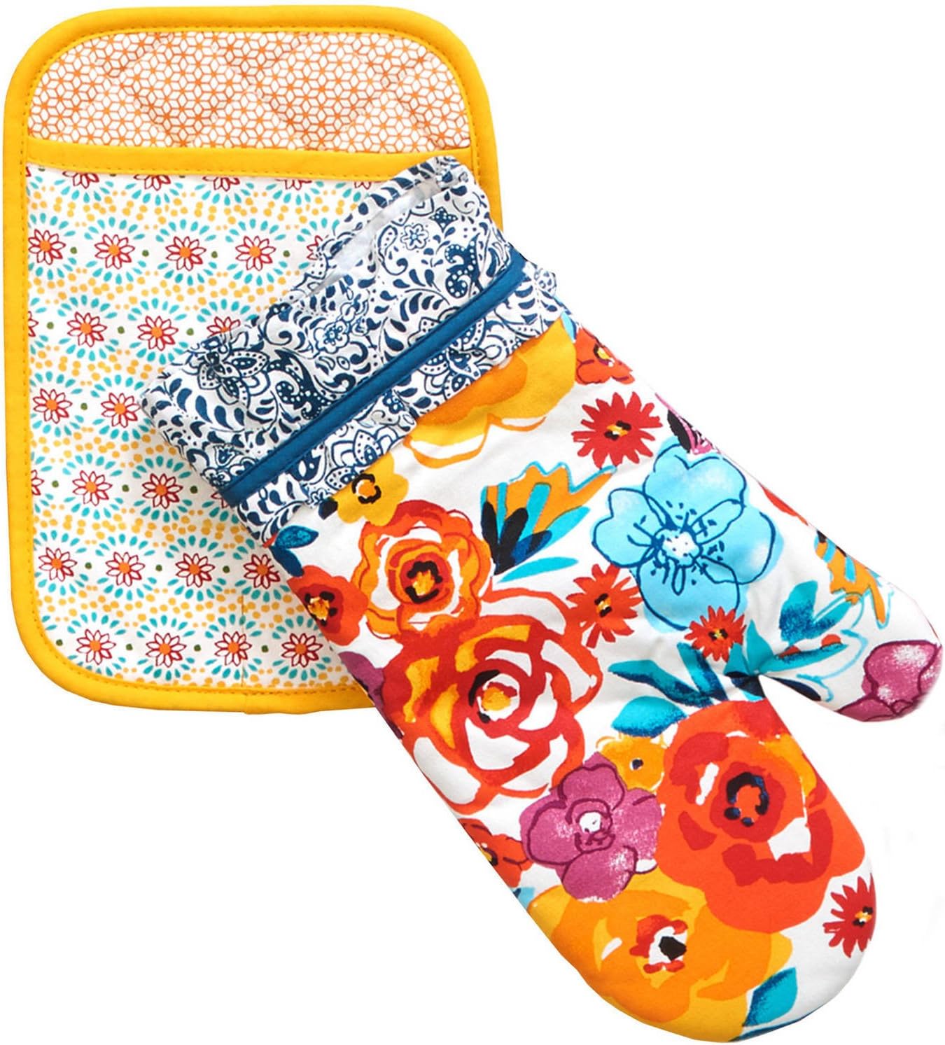 The Pioneer WomanKitchen Set Pot Holder and Oven Mitt Set Red Bandana, Dandelion, Flea Market (Flea Market)