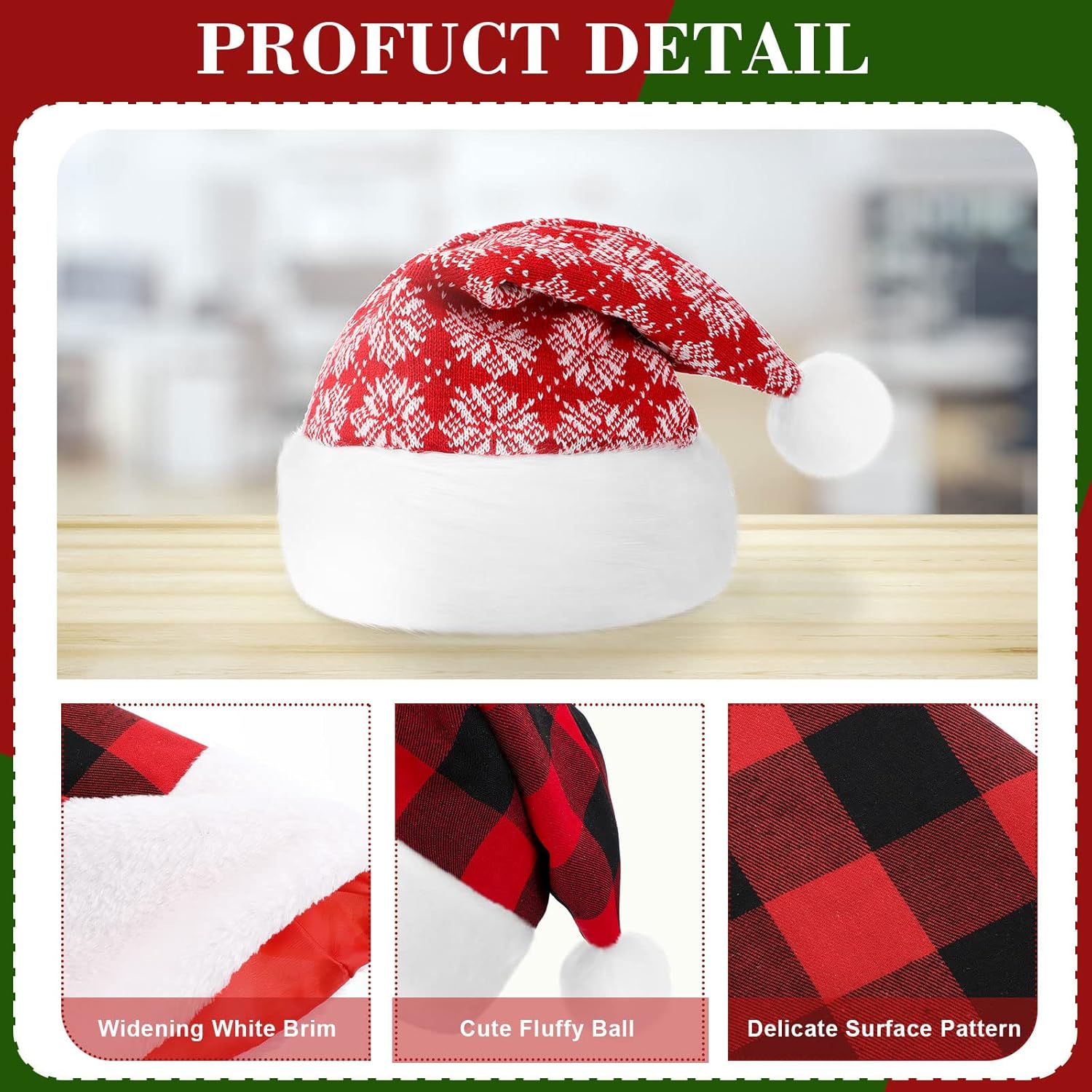 Civaner 8 Pieces Plush Christmas Santa Hats Bulk for Adults Buffalo Plaid Christmas Hats Xmas Snowflake Claus Caps for Unisex Adult Red White Black Color Caps Costume Party Supplies Party Favors