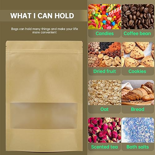 Miniatura 6 de ODDIER 120 bolsas de papel kraft de 7 x 10 pulgadas con cierre de cremallera de ventana, bolsas resellables, bolsas resellables a prueba de olores