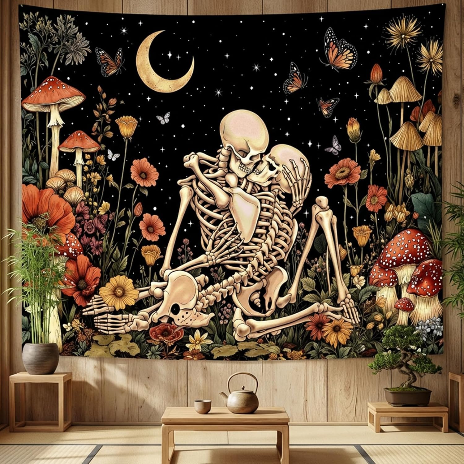 Lifeel Skeleton Lovers Tapestry, The Kissing Lovers Boho Aesthetic Skull Gothic Tapestry for Bedroom Living Room, 36x48 inches