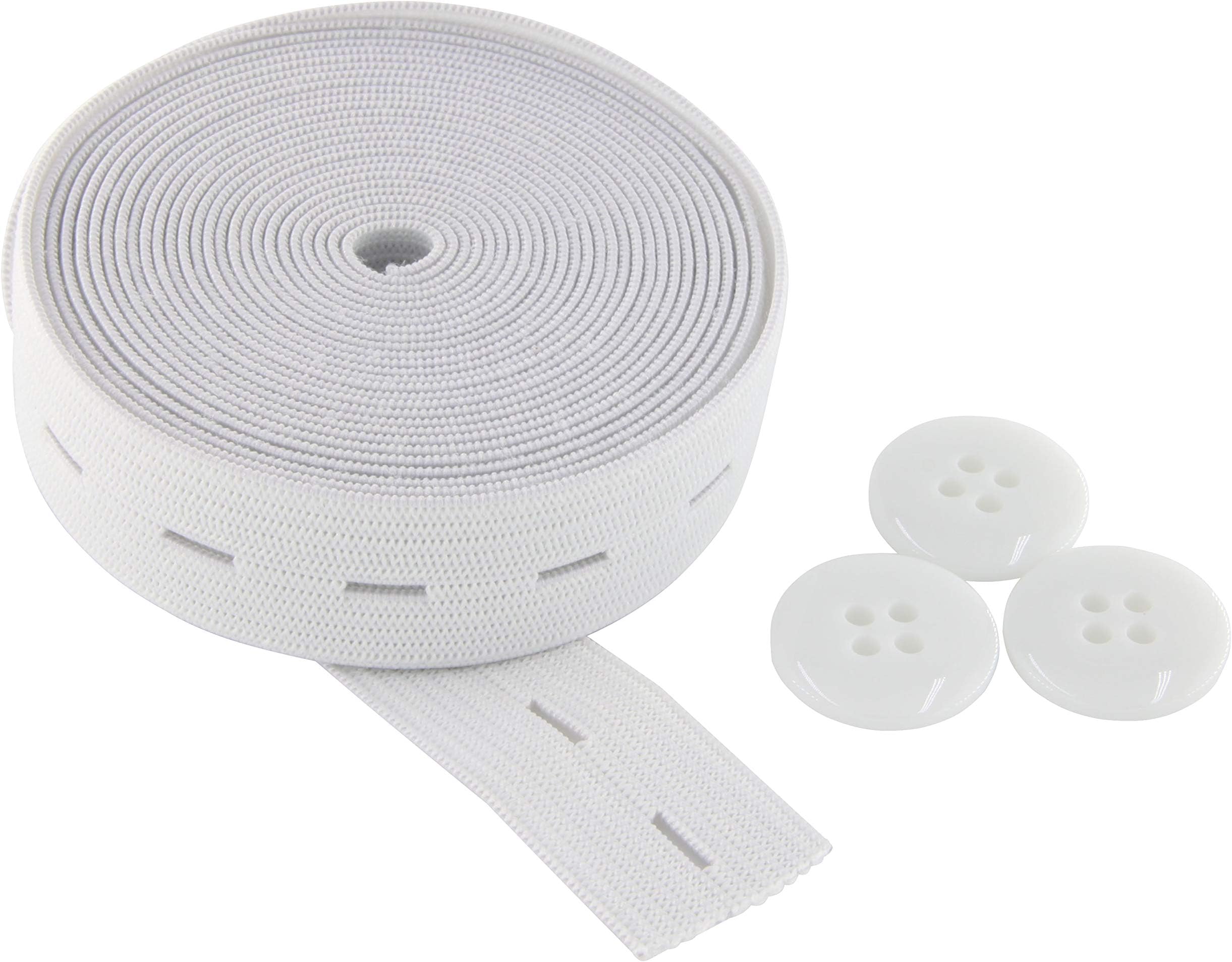 Flat Sewing Band Spool with Buttonholes, Elastic Stretchable, Ideal for DIY Waistbands and Necklines (White, 3/4 inch × 3 Yards)