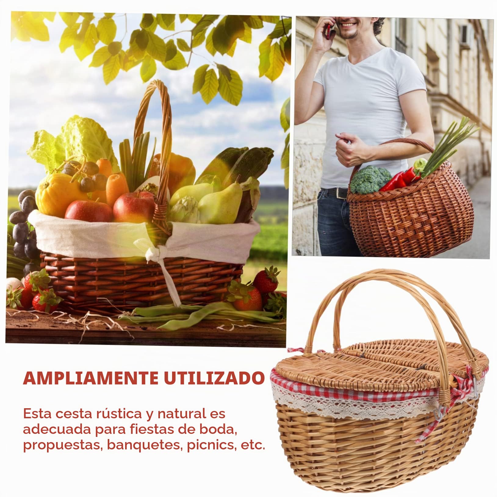 Inoomp Cesta De Picnic De Mimbre Tejida con Asas Dobles Y Tapa Canasta RúStica para Almacenamiento Y Picnic Al Aire Libre 15.74X11.02X7.48In