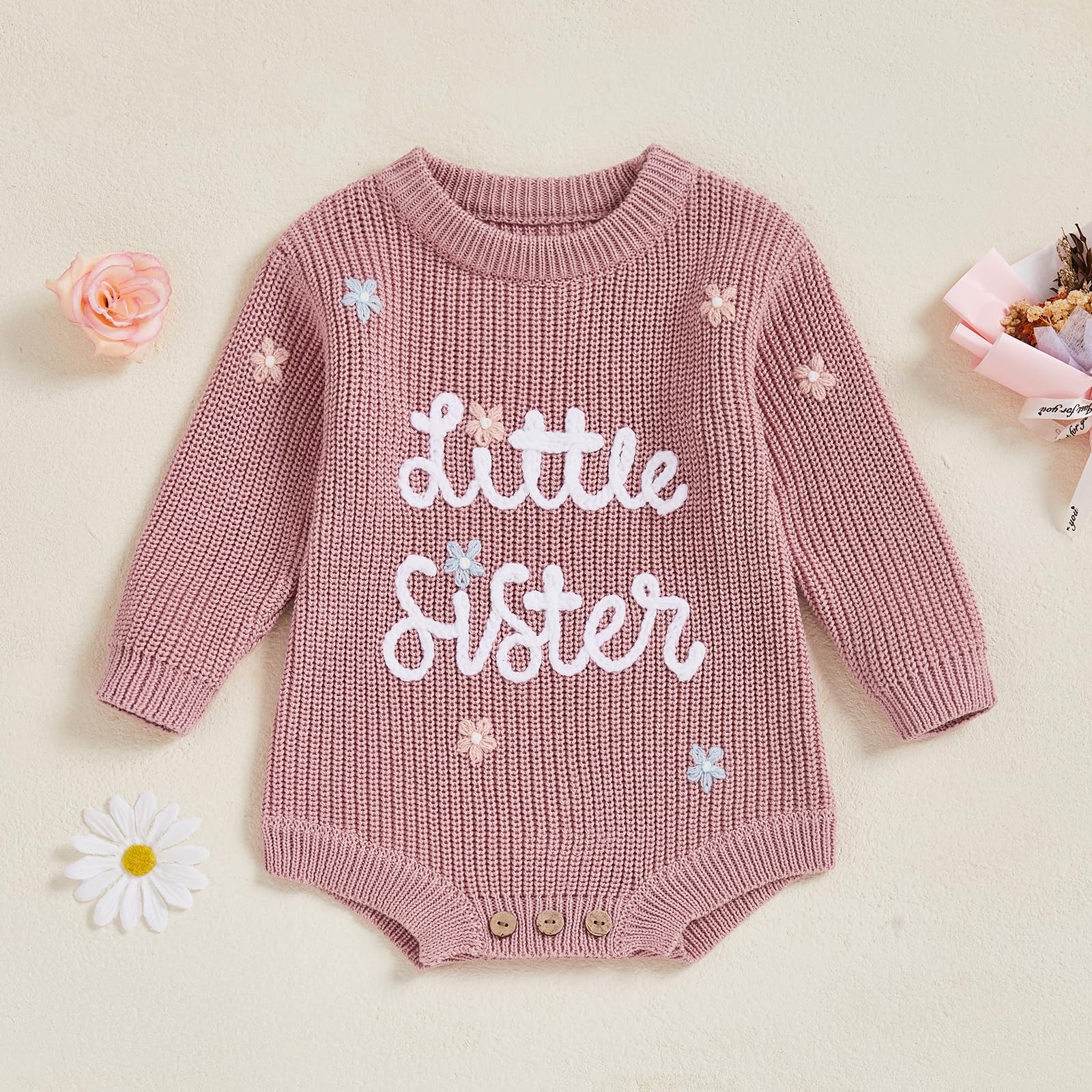 Maglione per neonata Sorella minore ricamo fiore manica lunga girocollo pagliaccetti lavorati a maglia neonato autunno inverno body ragazze tuta 0-12 M